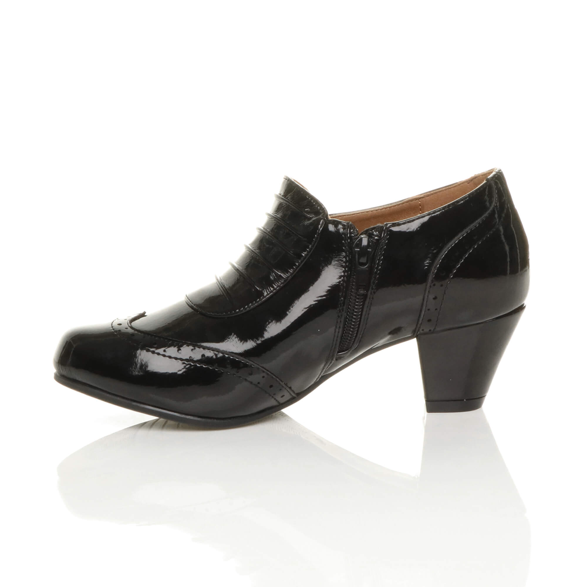 Black Mid Cuban Heel Brogue Button Ankle Boots, Image 3 of 6