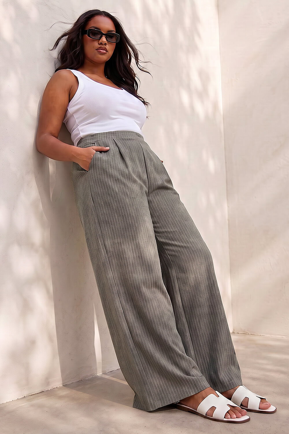 Dark Grey Curve Pinstripe Elastic Waist Trouser , Image 3 of 4