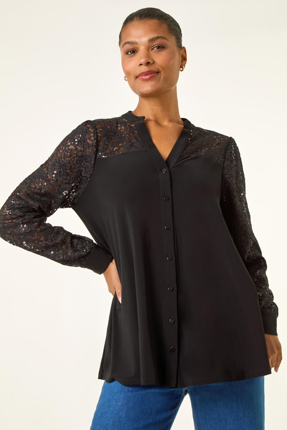 Black Sequin Lace Insert Stretch Blouse, Image 4 of 5