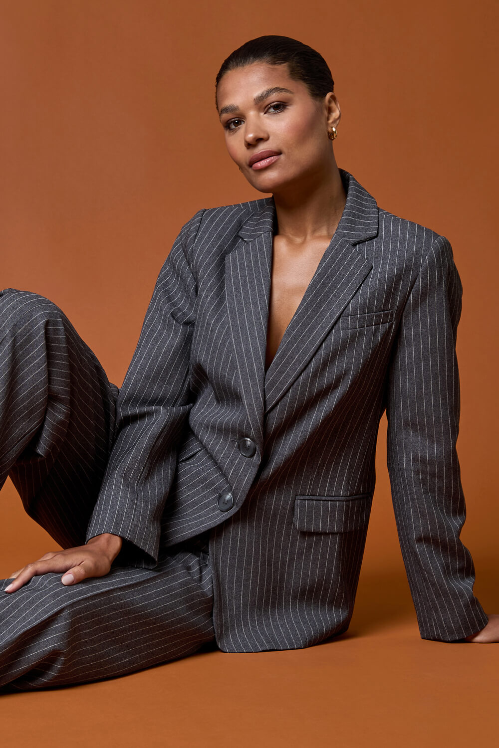 Grey Pinstripe Collared Blazer, Image 1 of 8
