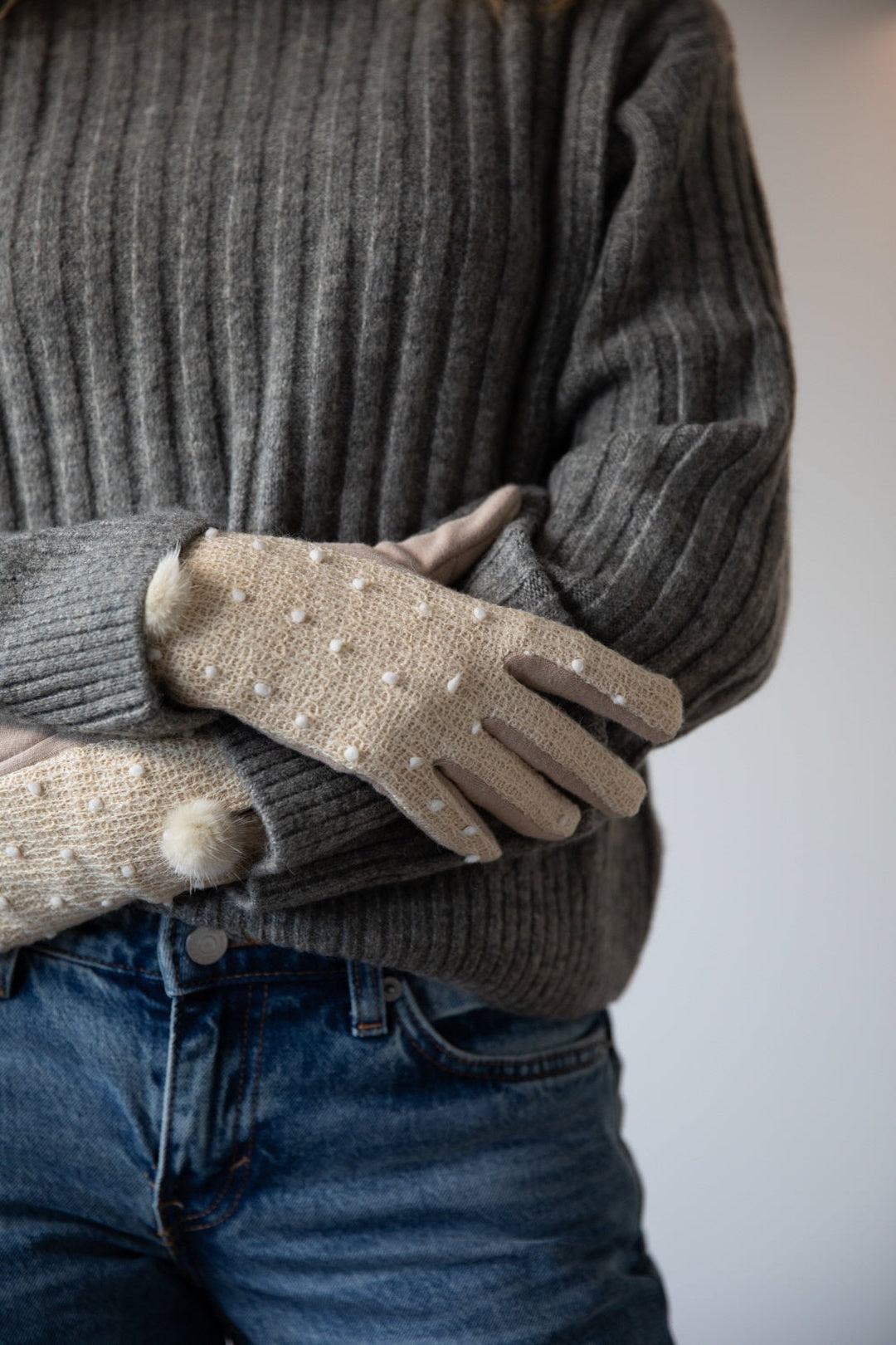 Beige Crochet Gloves With Pom Pom, Image 1 of 6