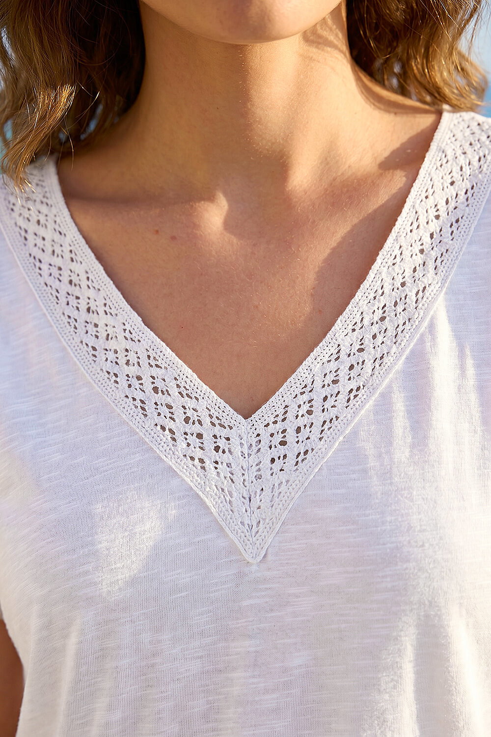 White Petite Lace Trim V-Neck Top, Image 5 of 4