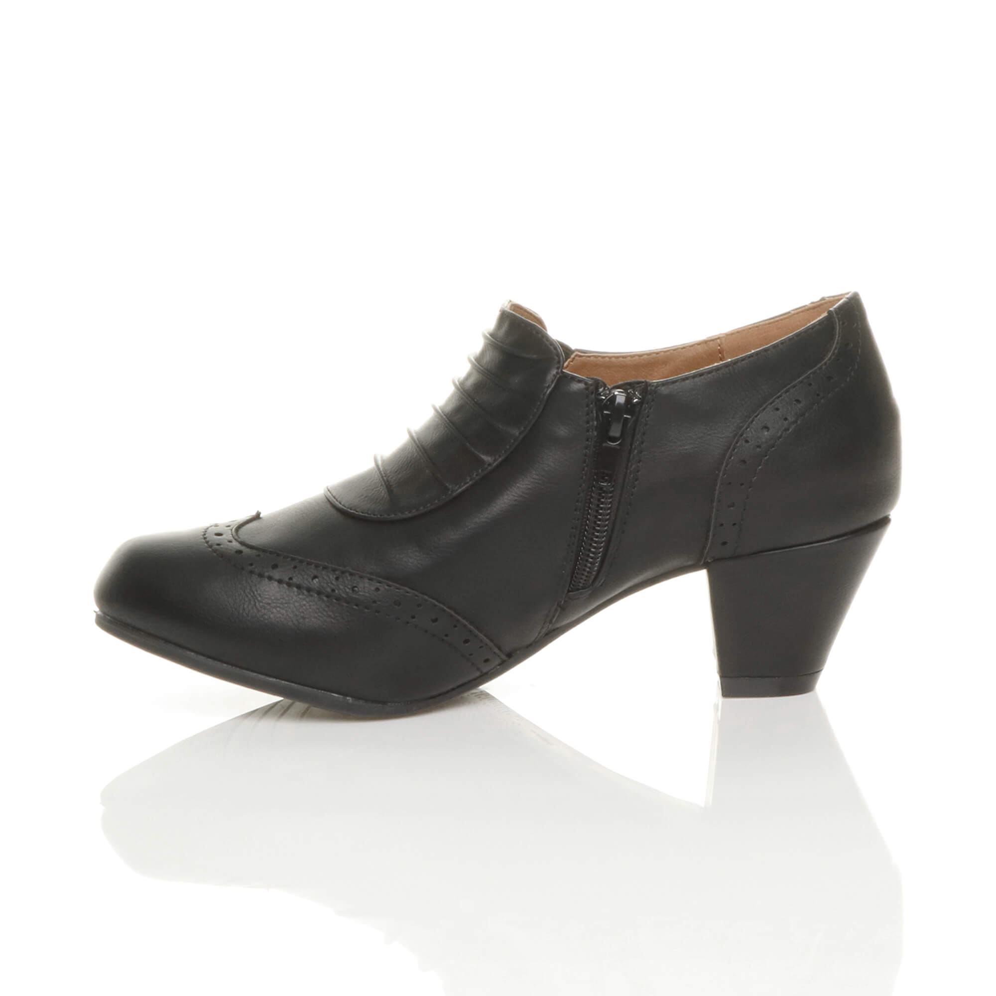Black AJVANI Black Mid Heel Brogue Button Ankle Boots Shoe Boots, Image 3 of 6