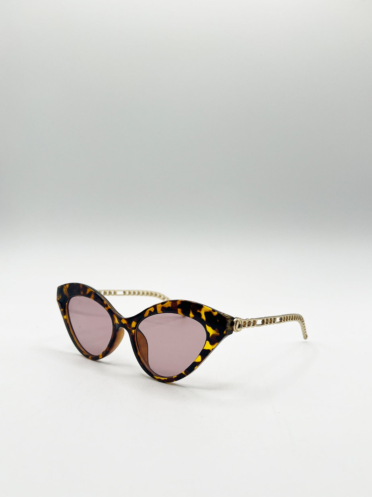 Brown Cat-Eye Sunglasses with Thin Chain Arm Tortoise, Image 3 of 6