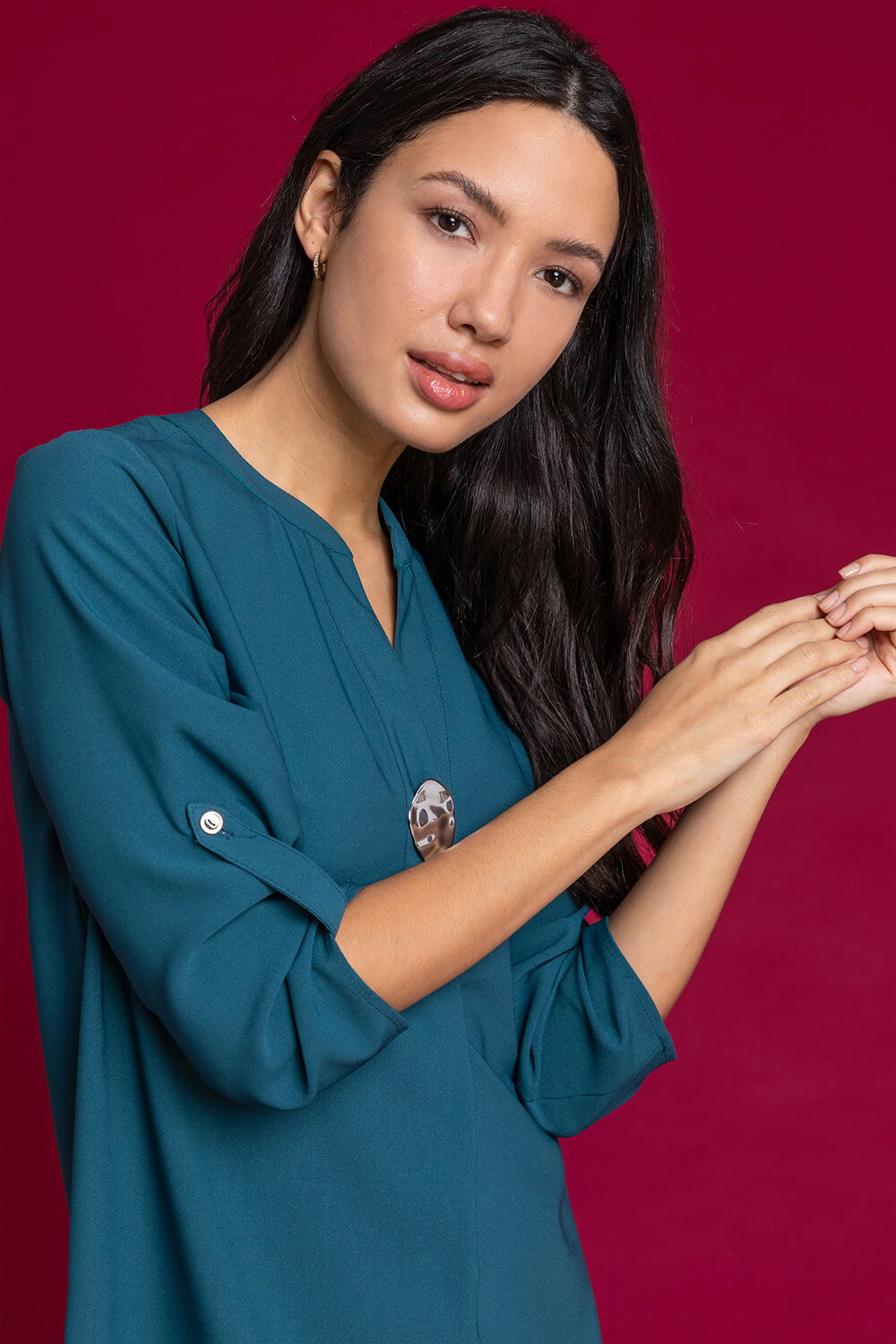 Teal Longline Button Detail Tunic Top, Image 5 of 4