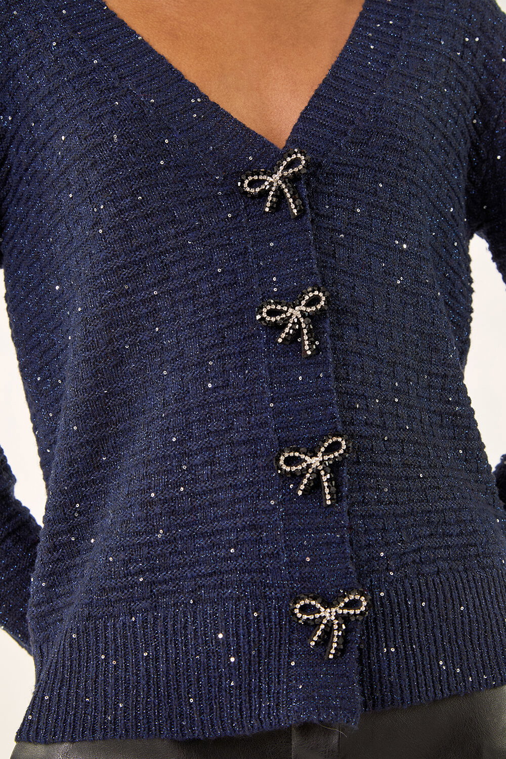 Navy Bow Embellished Sequin Knit Cardigan, Image 6 of 5