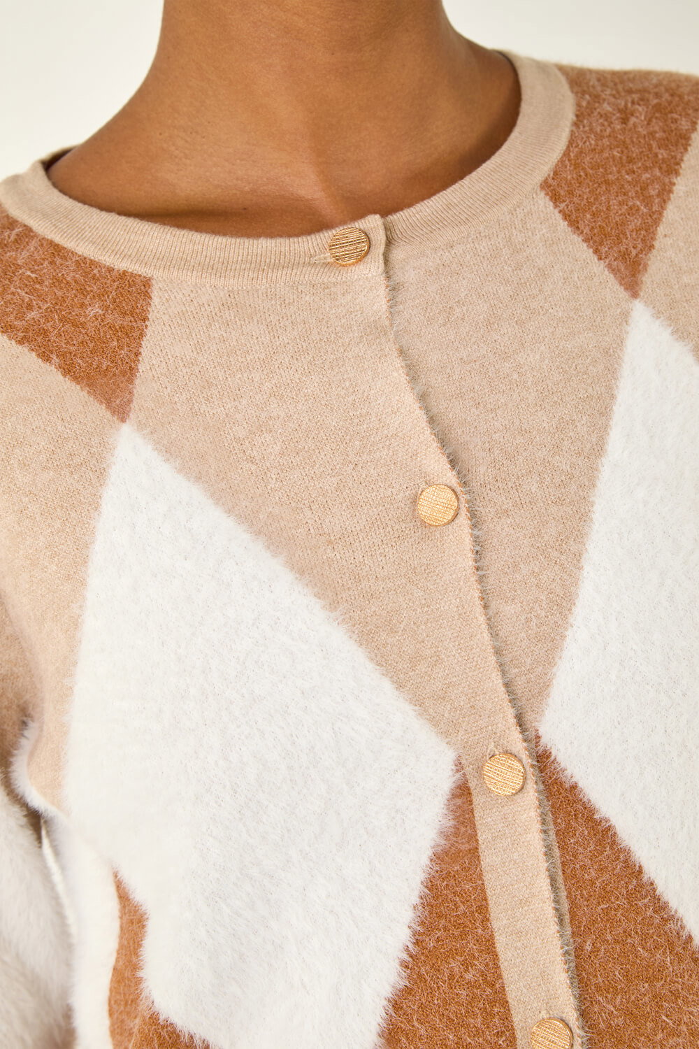Beige Fluffy Argyle Knit Cardigan, Image 6 of 5