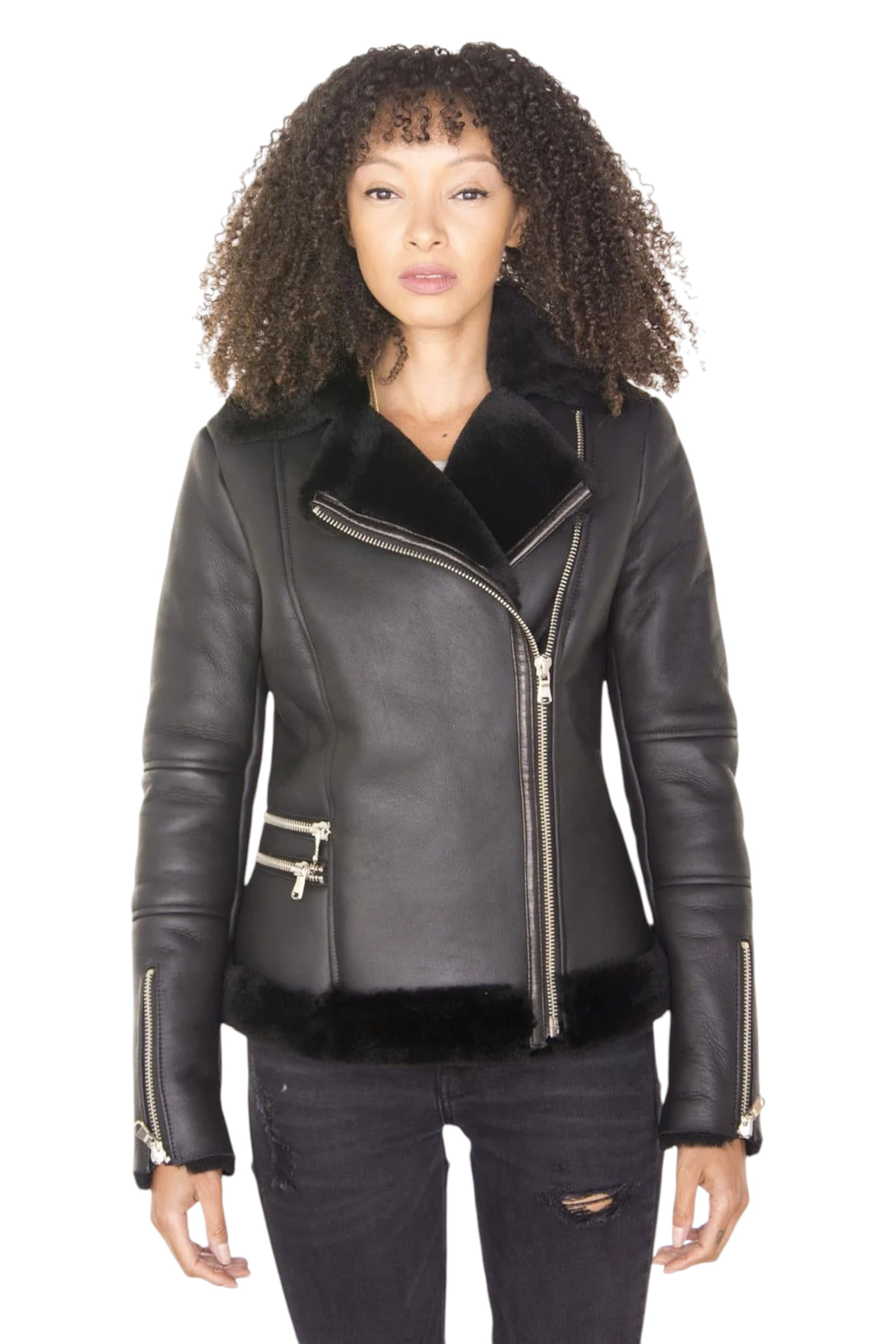 Black Shearling Sheepskin Aviator Jacket-Kiev, Image 1 of 5