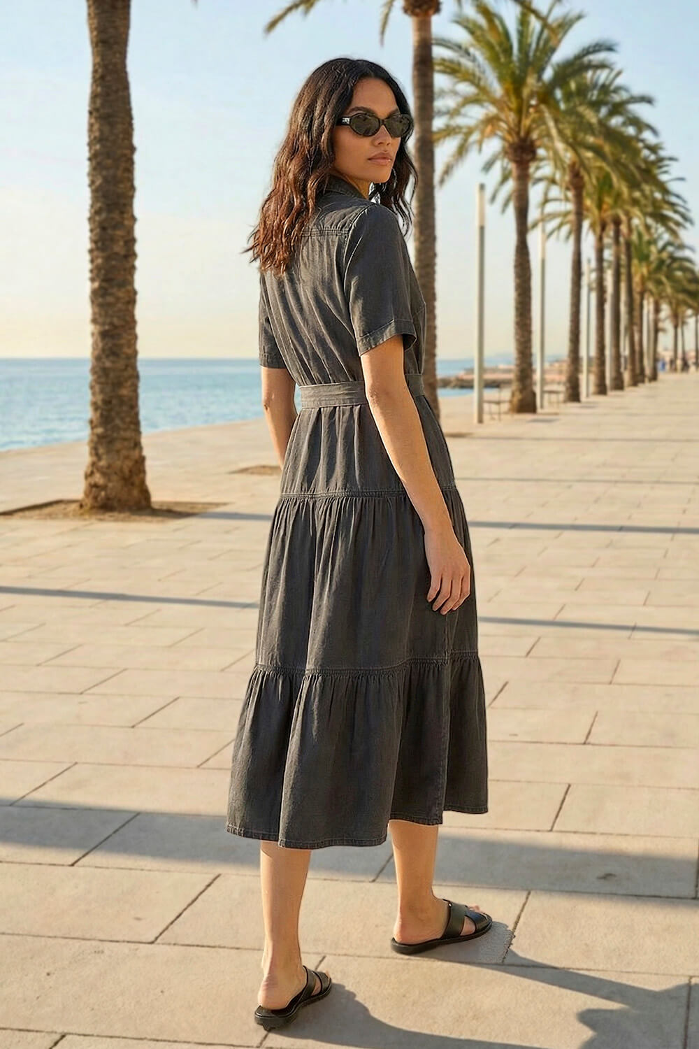 Black Button Detail Tiered Midi Dress, Image 4 of 4
