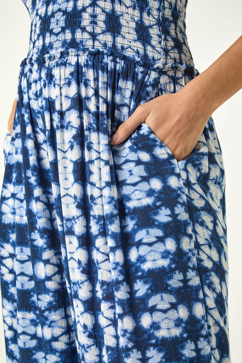 Navy Abstract Shirred Bardot Jumpsuit, Image 6 of 5