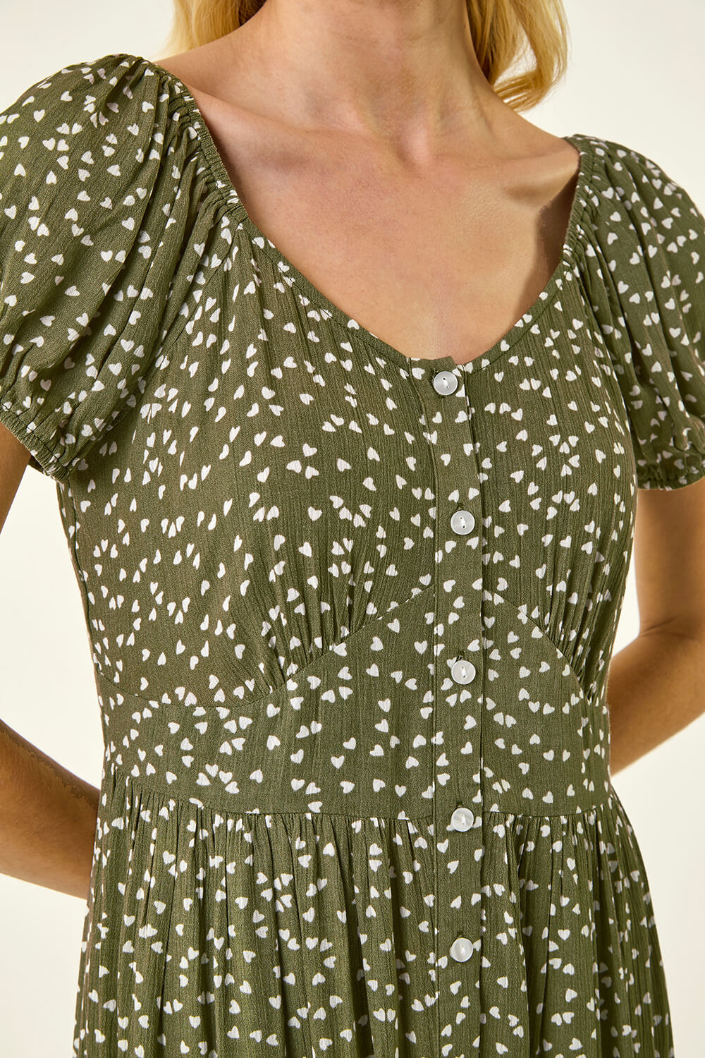 KHAKI Spotty Heart Button Midi Dress, Image 6 of 5