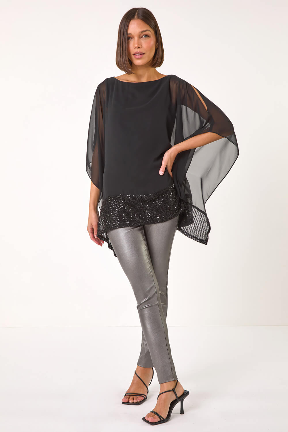 Black Sequin Hem Contrast Tunic Top, Image 3 of 5