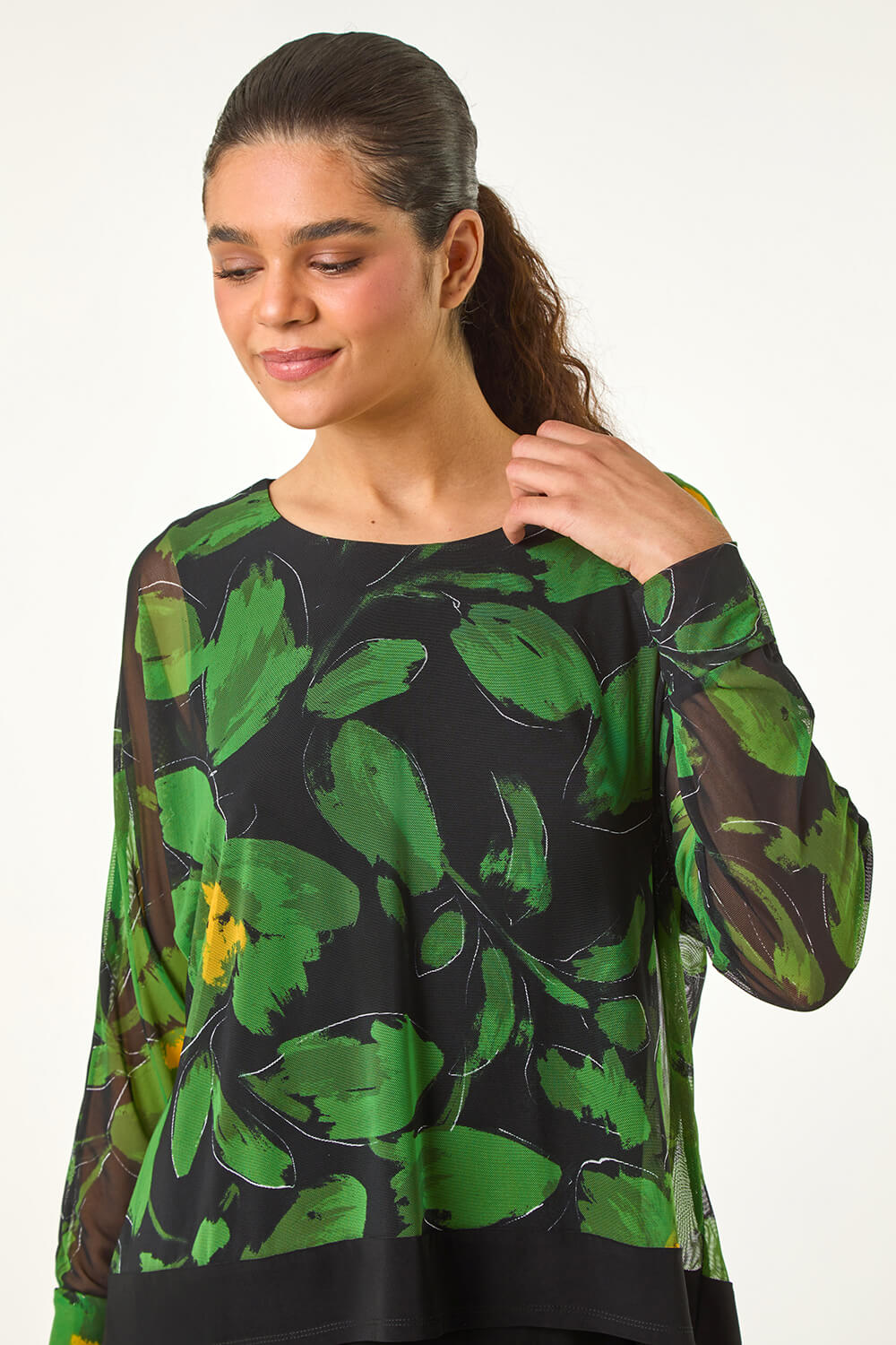 Green Floral Mesh Overlay Stretch Top, Image 5 of 5