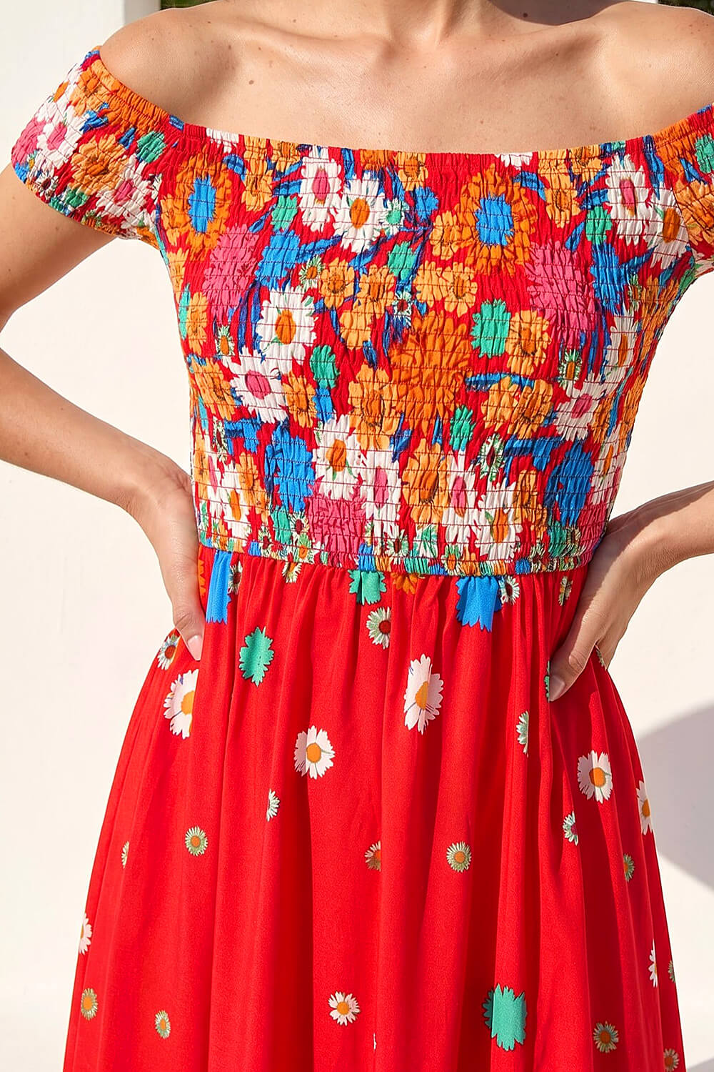 Red Floral Print Bardot Shirred Midi Dress, Image 5 of 4