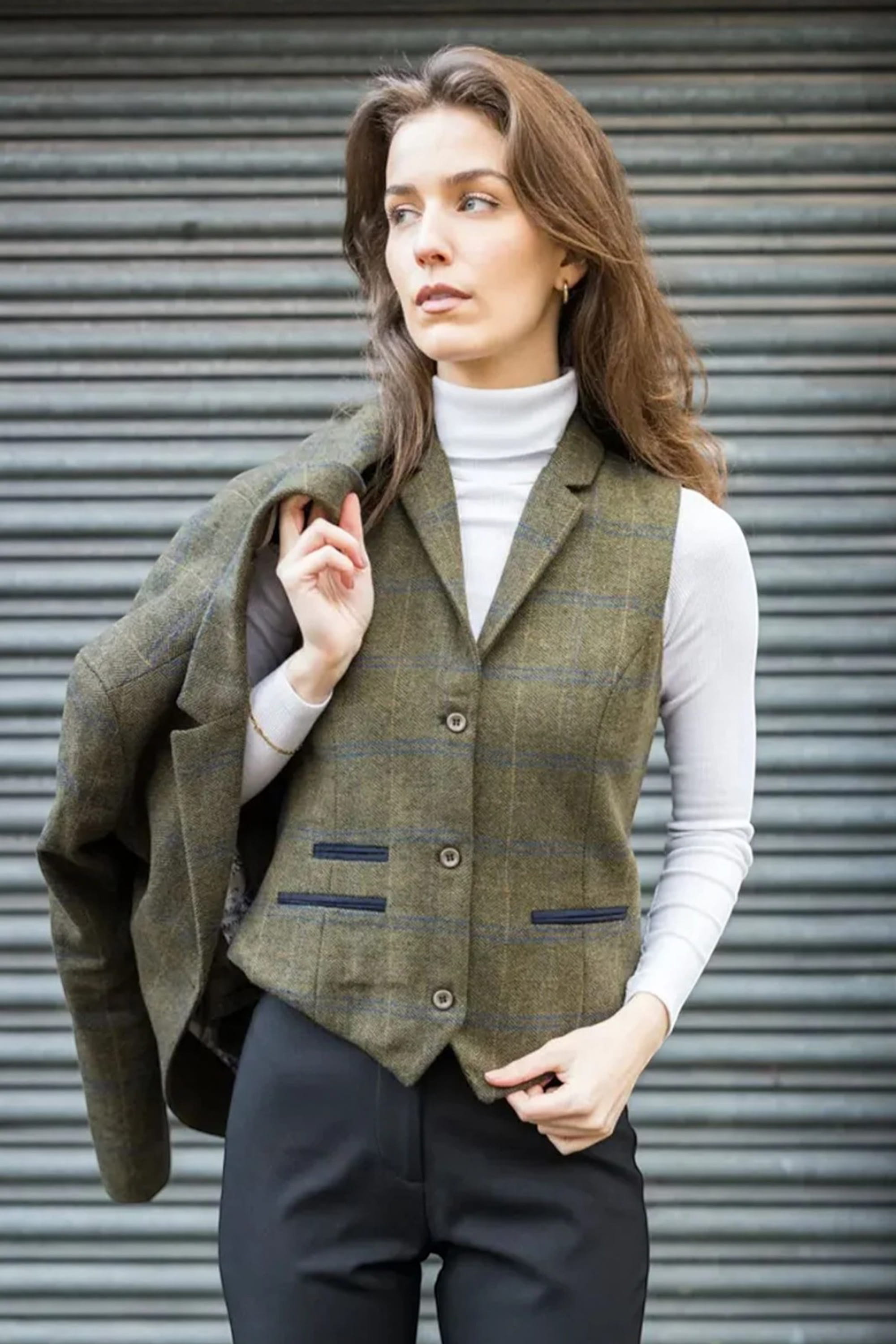 Olive Olive Tweed Herringbone Check Waistcoat, Image 3 of 5