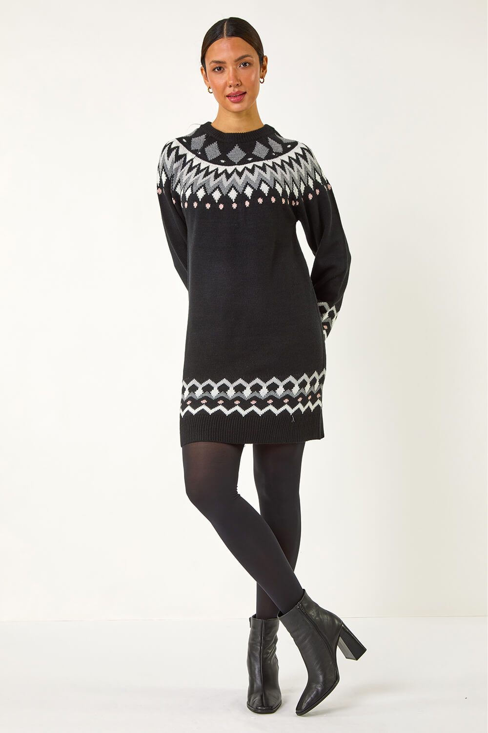 Black Geometric Print Knitted Shift Dress, Image 3 of 5