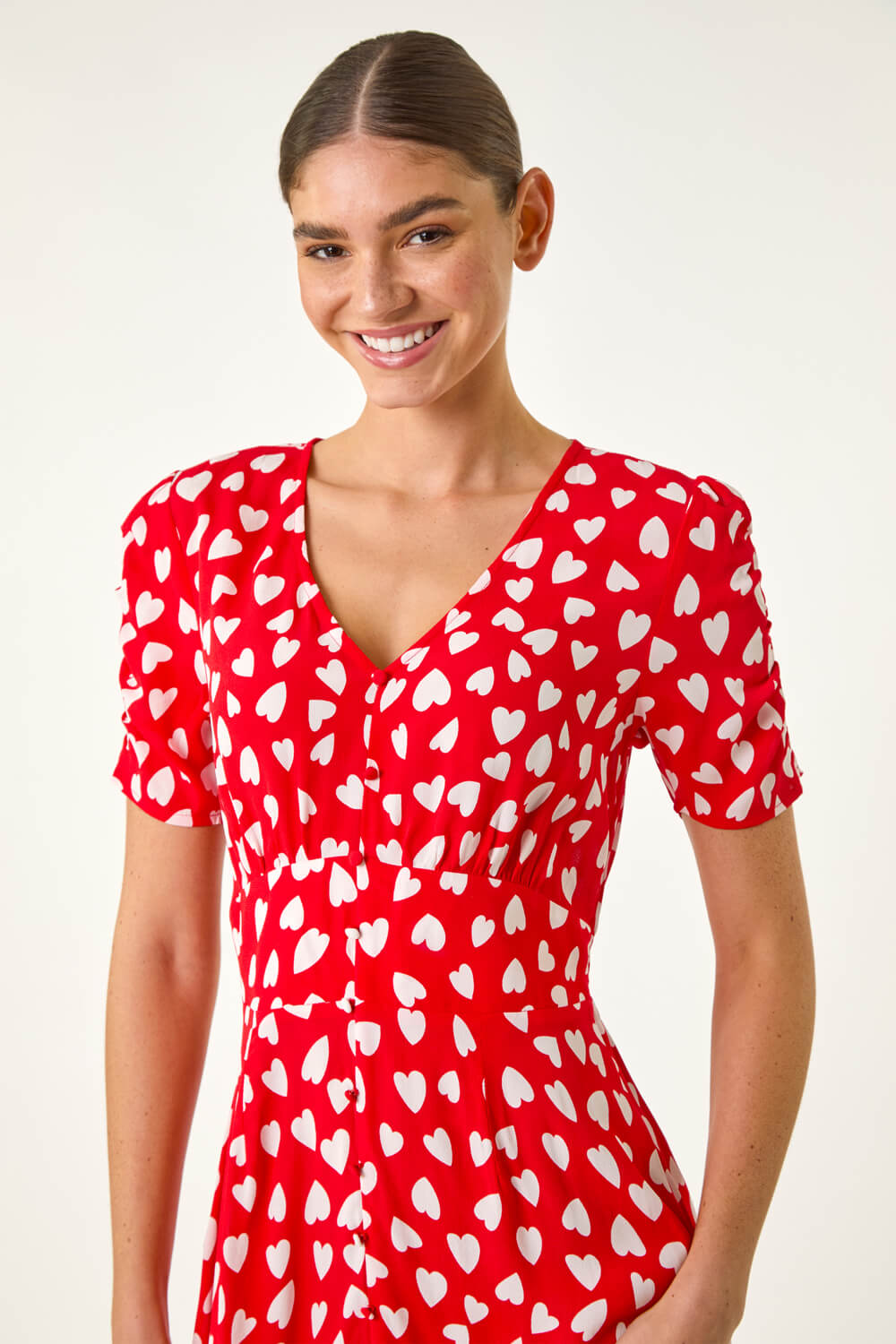 Red Heart Print Ruched Midi Dress, Image 5 of 5