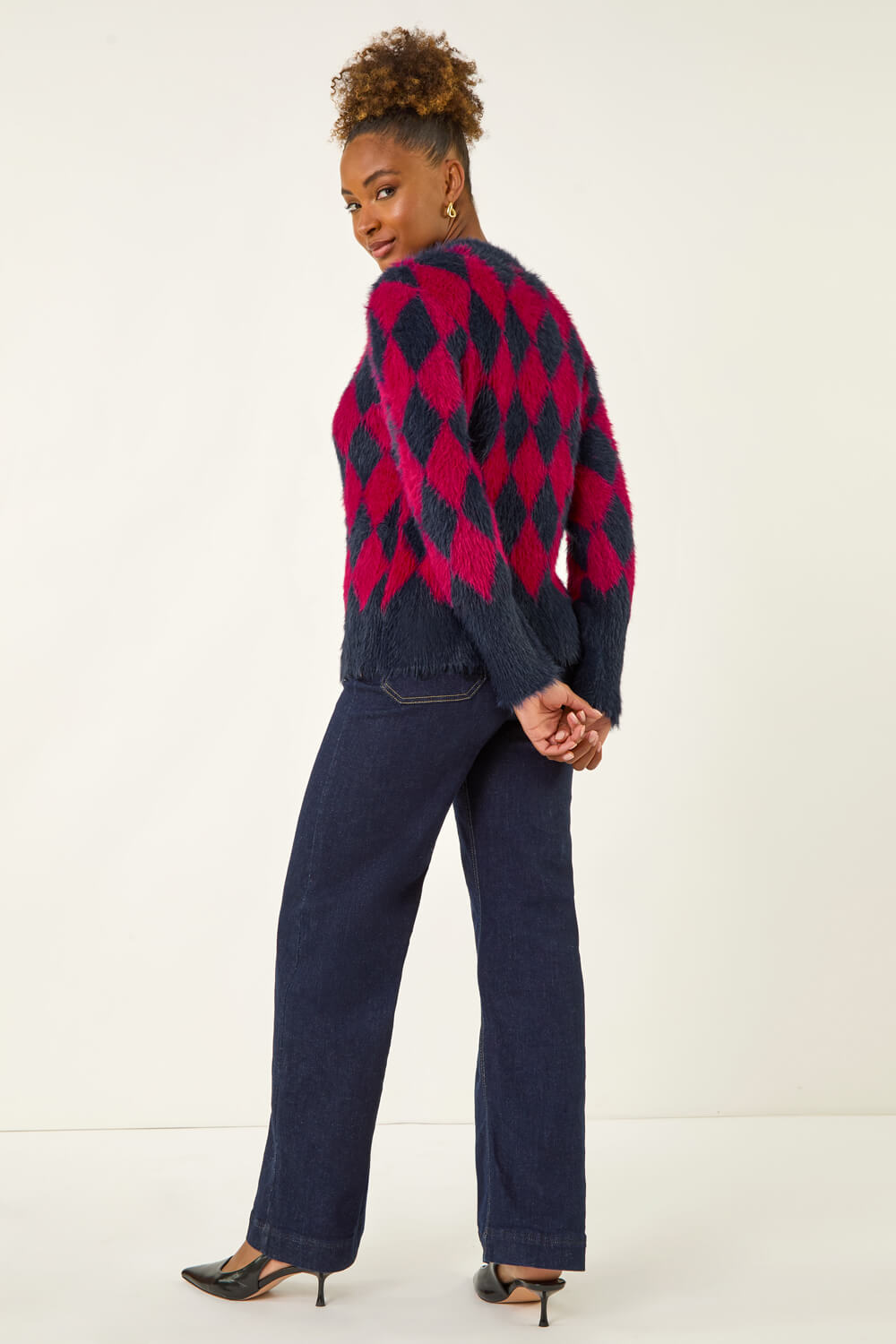 Red Fluffy Argyle Knit Cardigan, Image 4 of 5