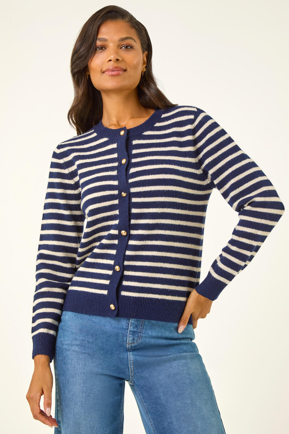 Navy Soft Stripe Button Knit Cardigan, Image 5 of 5