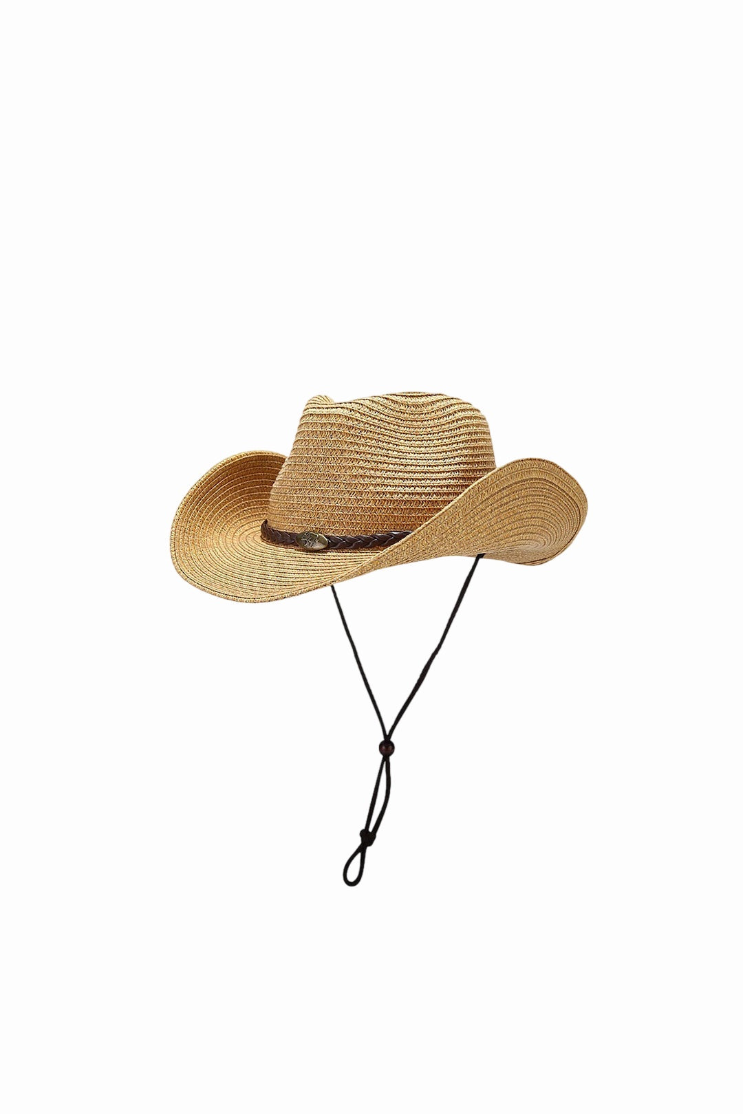 Beige Wide Brim Straw Sun Hat with Chin Strap, Image 4 of 4