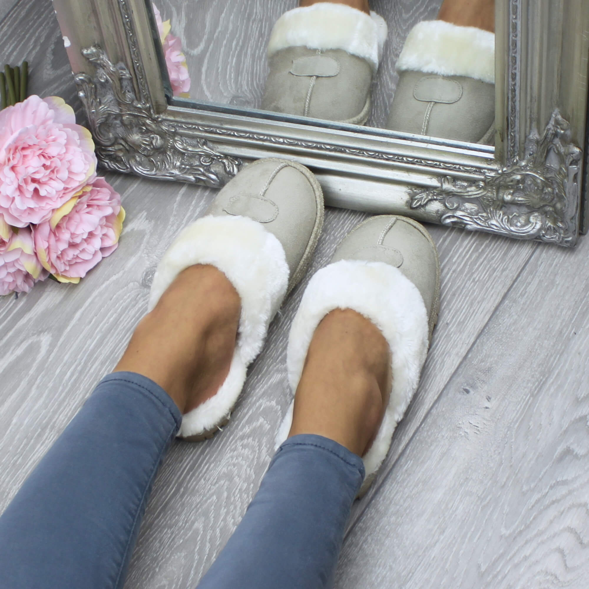 Beige Faux Fur Lined Slip On Memory Foam Mules Slippers, Image 4 of 5