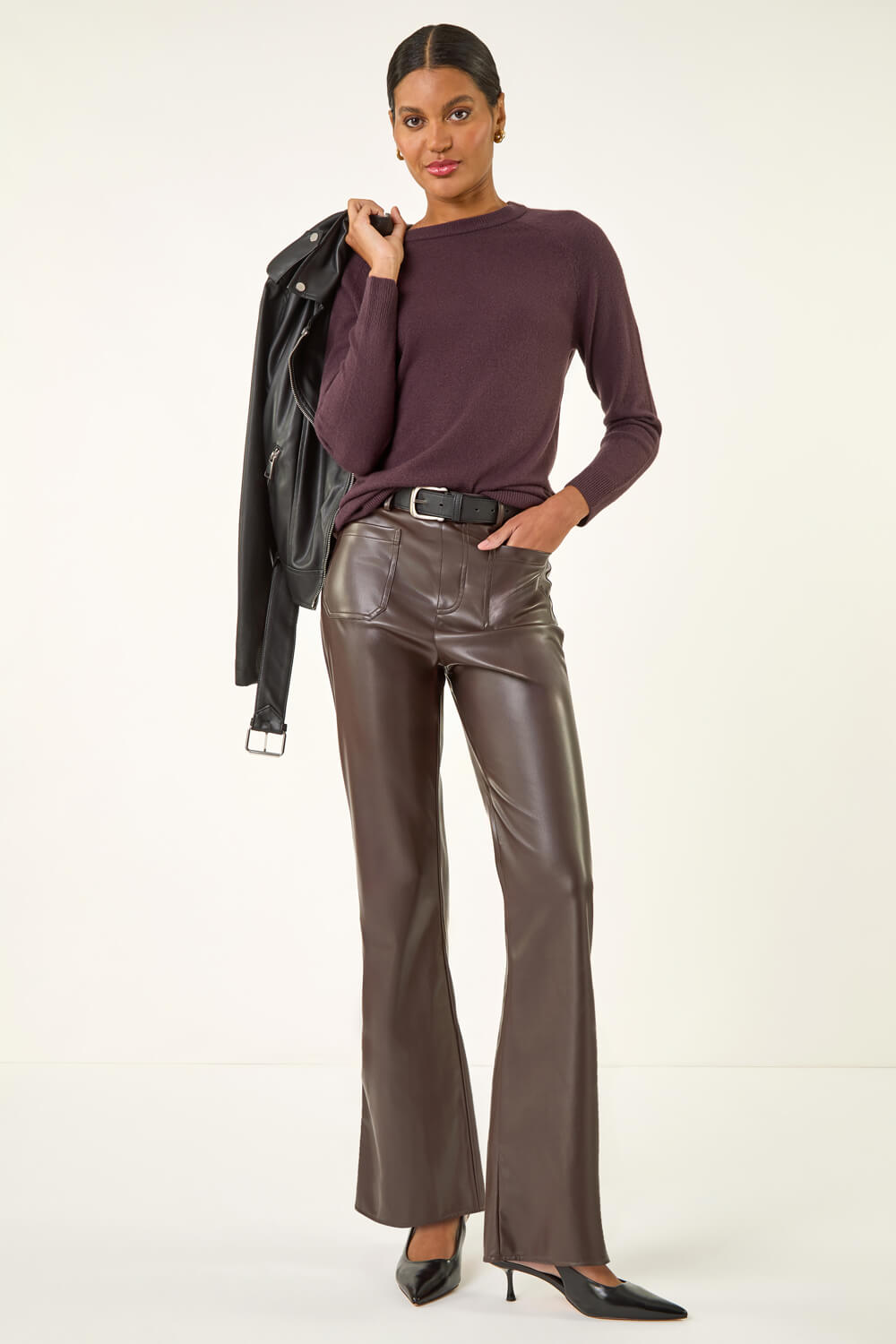 Chocolate Faux Leather Bootcut Full Length Trouser, Image 4 of 5