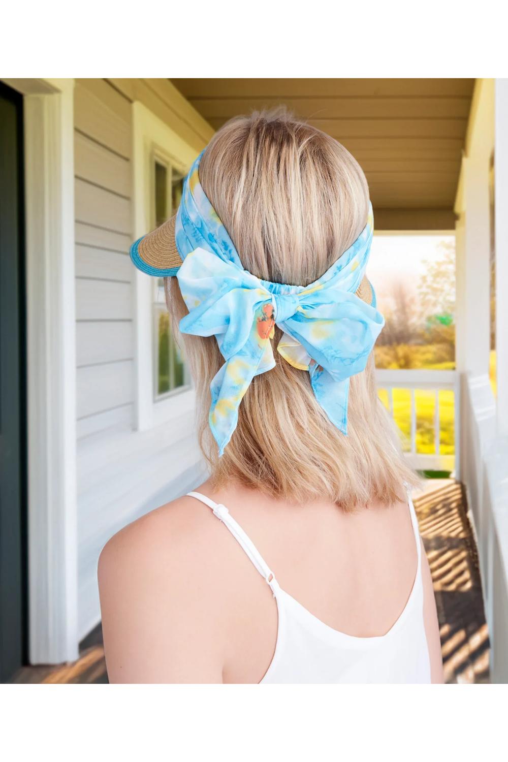 Turqouise Misha - Chiffon Tie Straw Visor - Pale Turquoise, Image 2 of 3