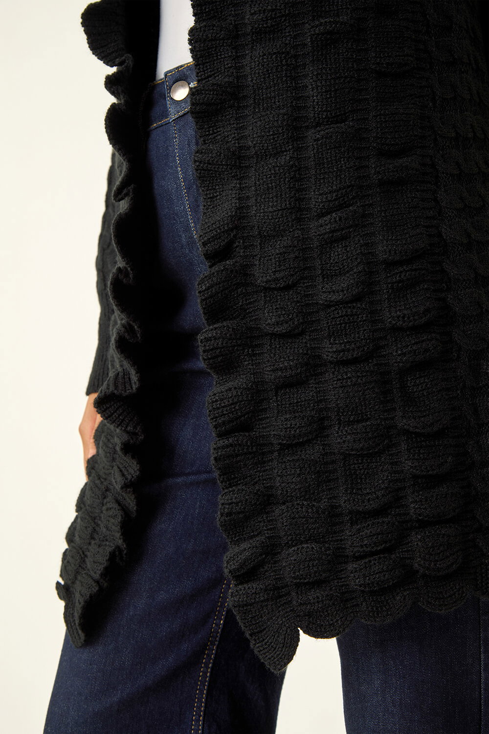 Black Longline Ruffle Detail Cardigan, Image 6 of 5