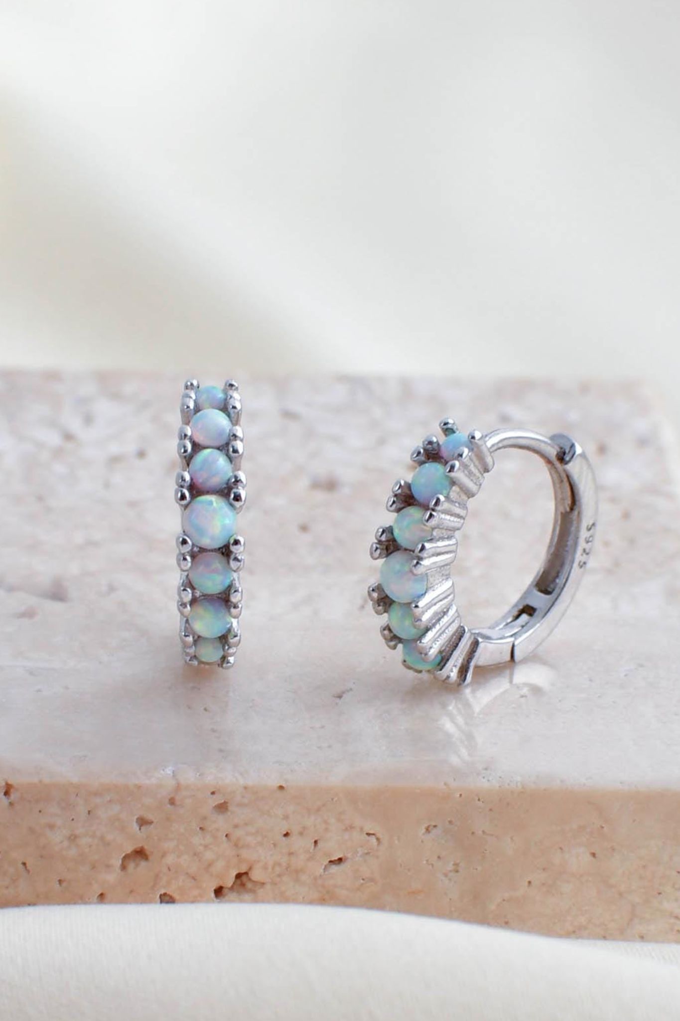 Silver Sterling Silver White Opal Huggie Hoops, Image 3 of 3