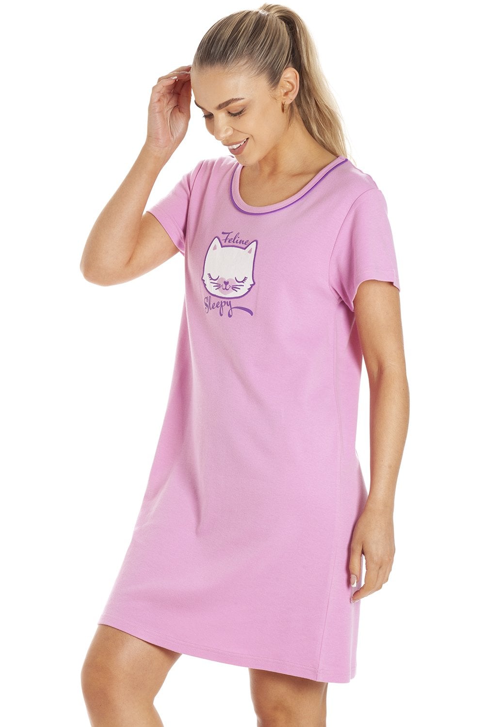 Lilac Camille Lingerie Lilac Short Sleeve Cat Print Nightdress, Image 2 of 4