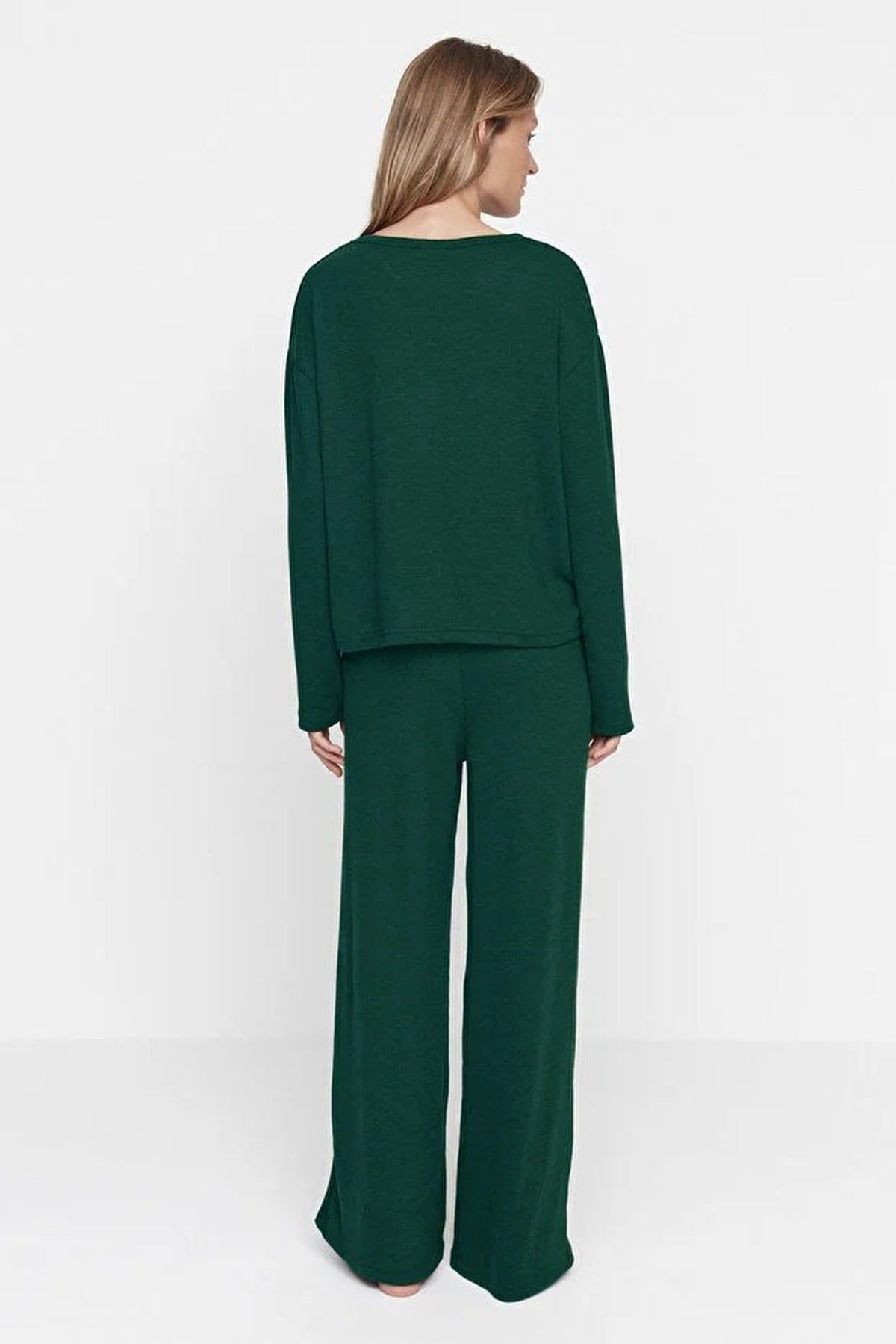 Green WOVCOR Green Soft Touch Long Sleeve Pyjama Top and Wide Leg Trouser Set, Image 3 of 3