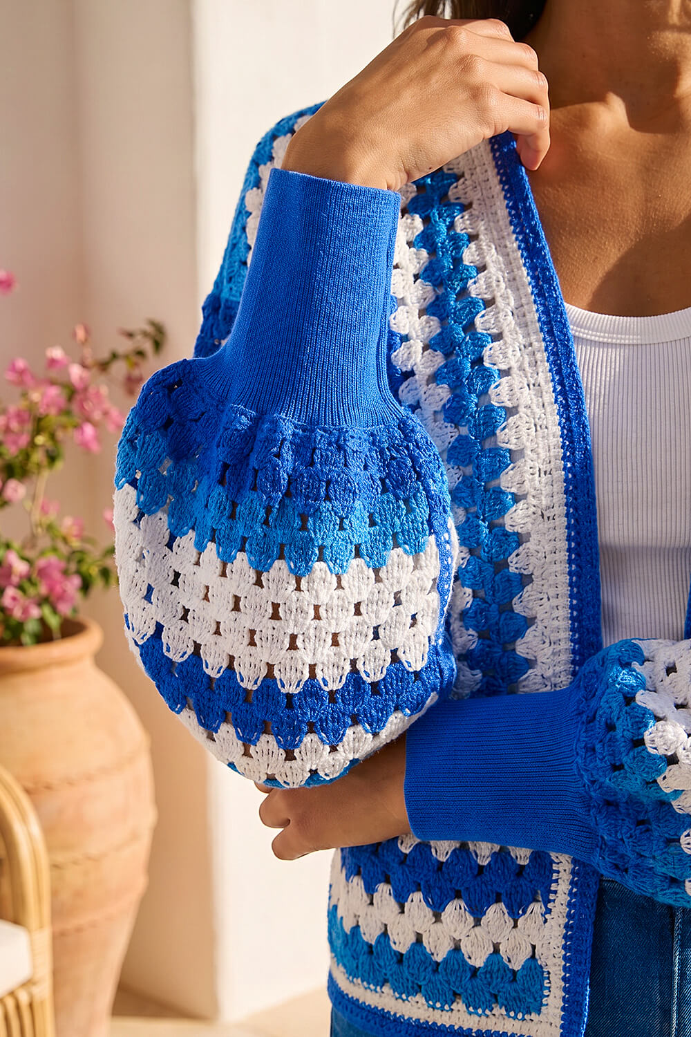 Blue Crochet Edge Knit Cardigan, Image 5 of 4