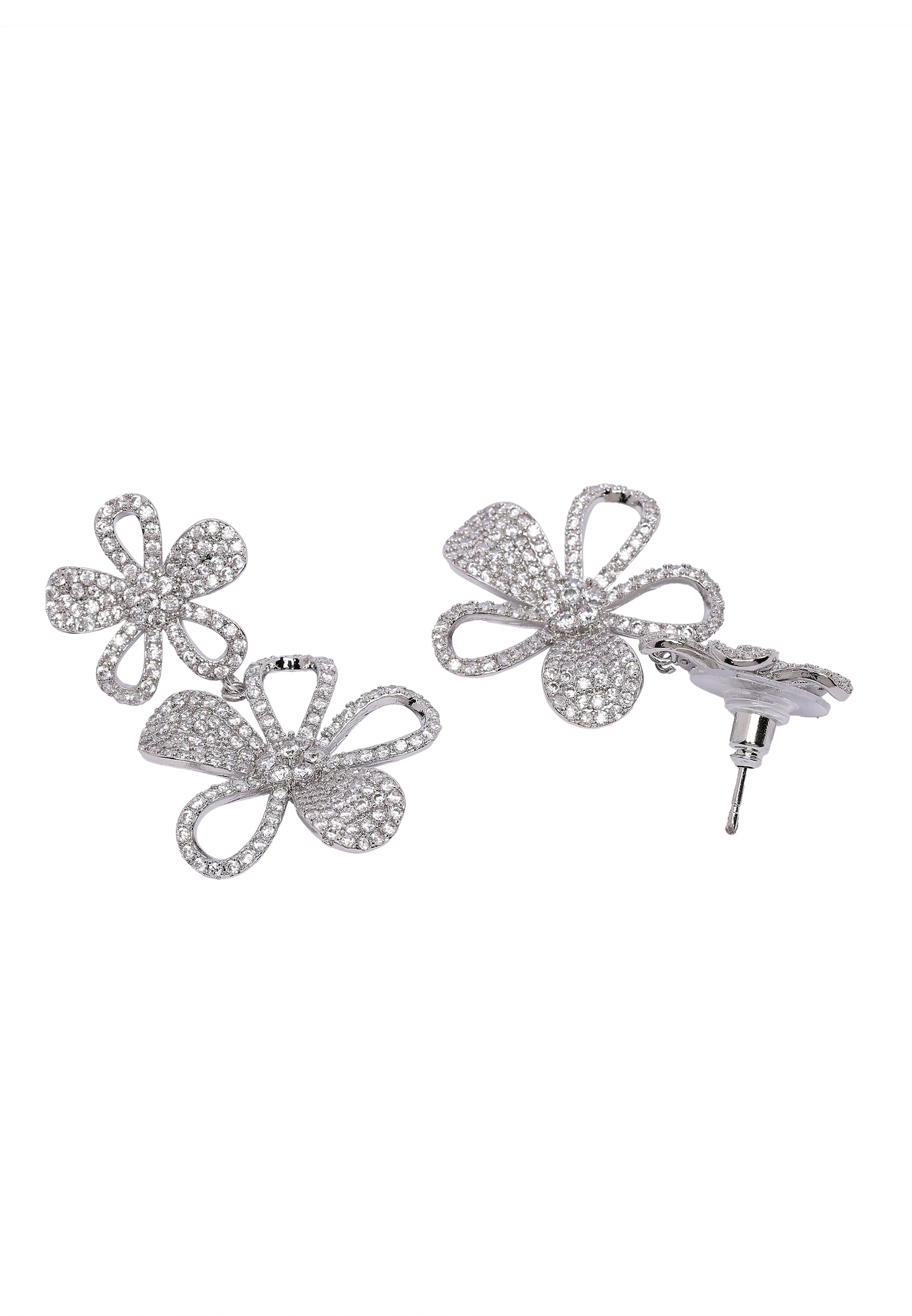 Silver Double Floral Drop Earrings, Image 3 of 5