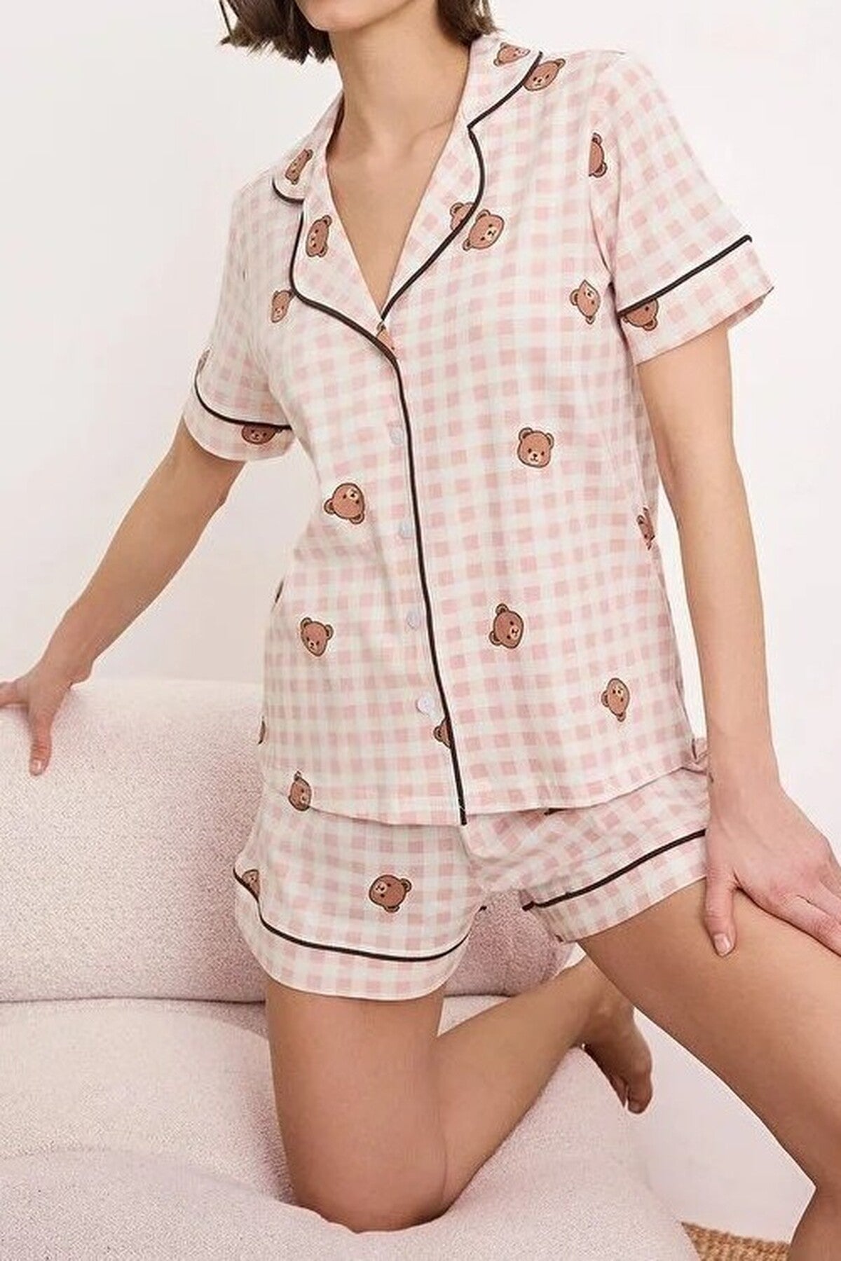 Multi Bear Print Check Short Sleeve Pyjama Lounge Short Set, Image 2 of 4