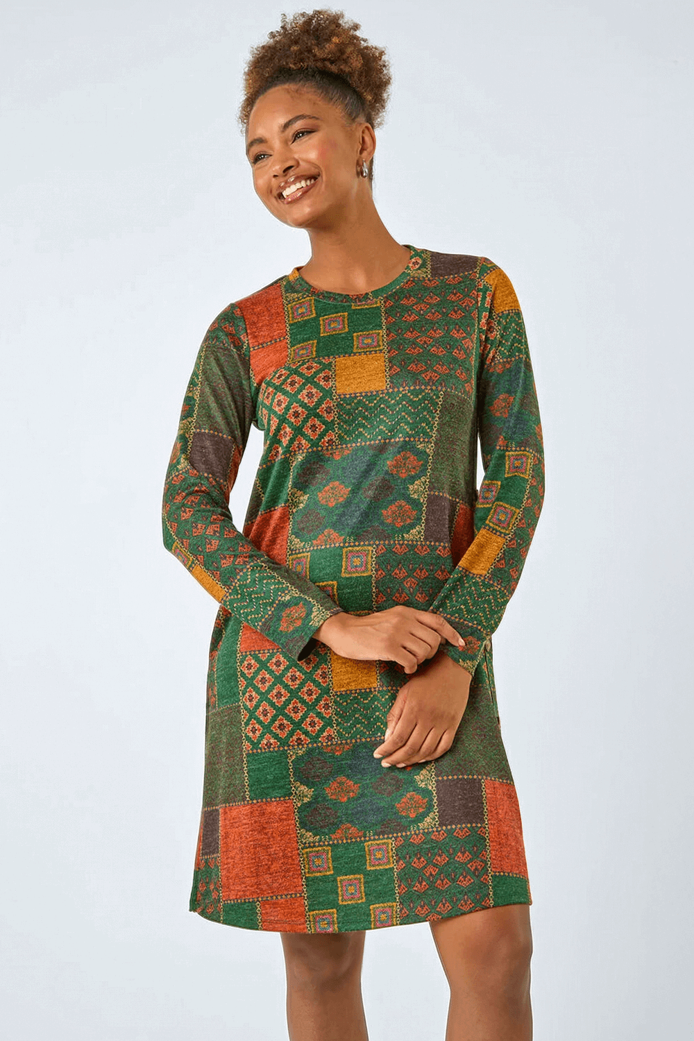Green Patchwork Print Button Swing Dress, Image 3 of 5