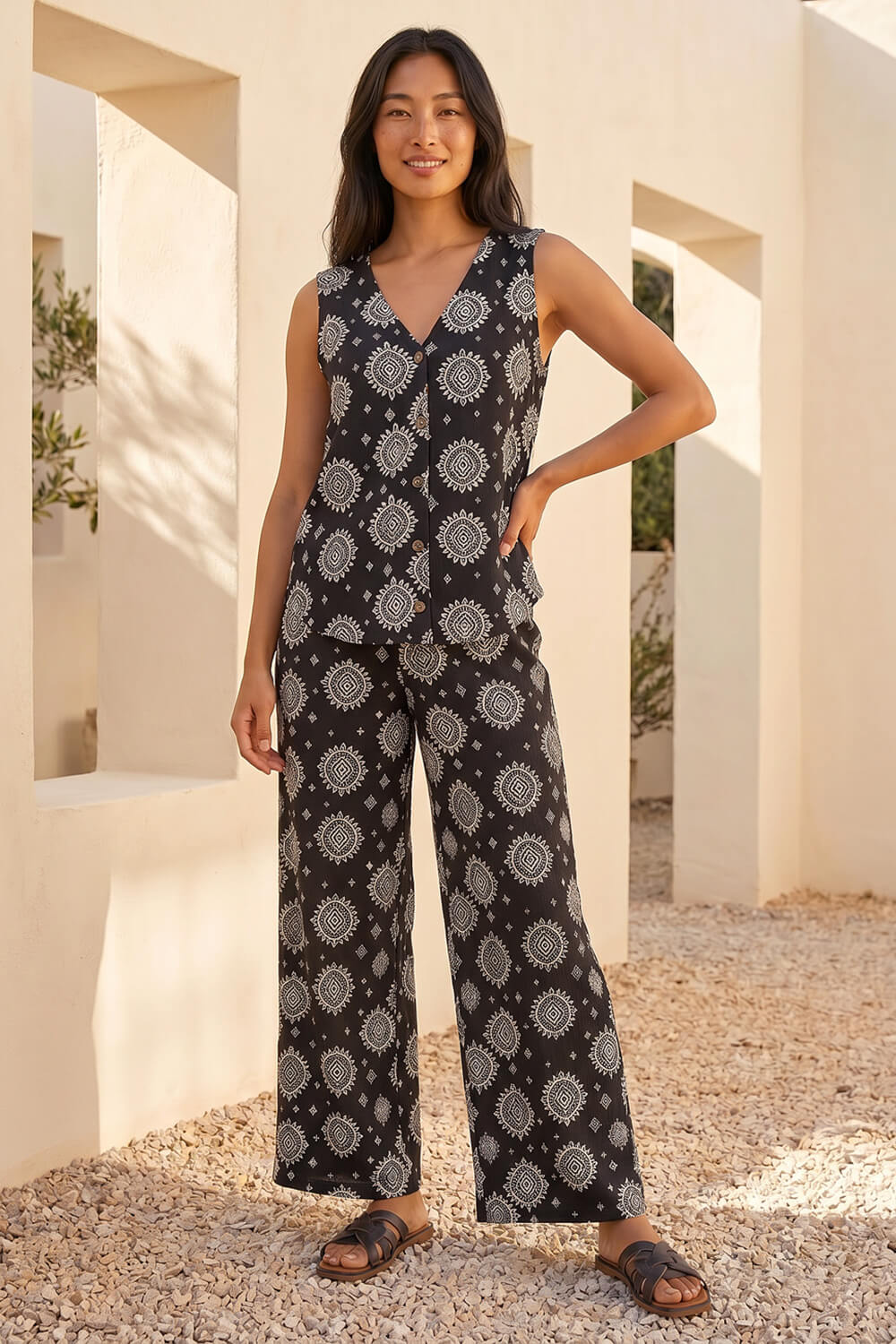 Black Petite Abstract Print Button Up Blouse, Image 6 of 5