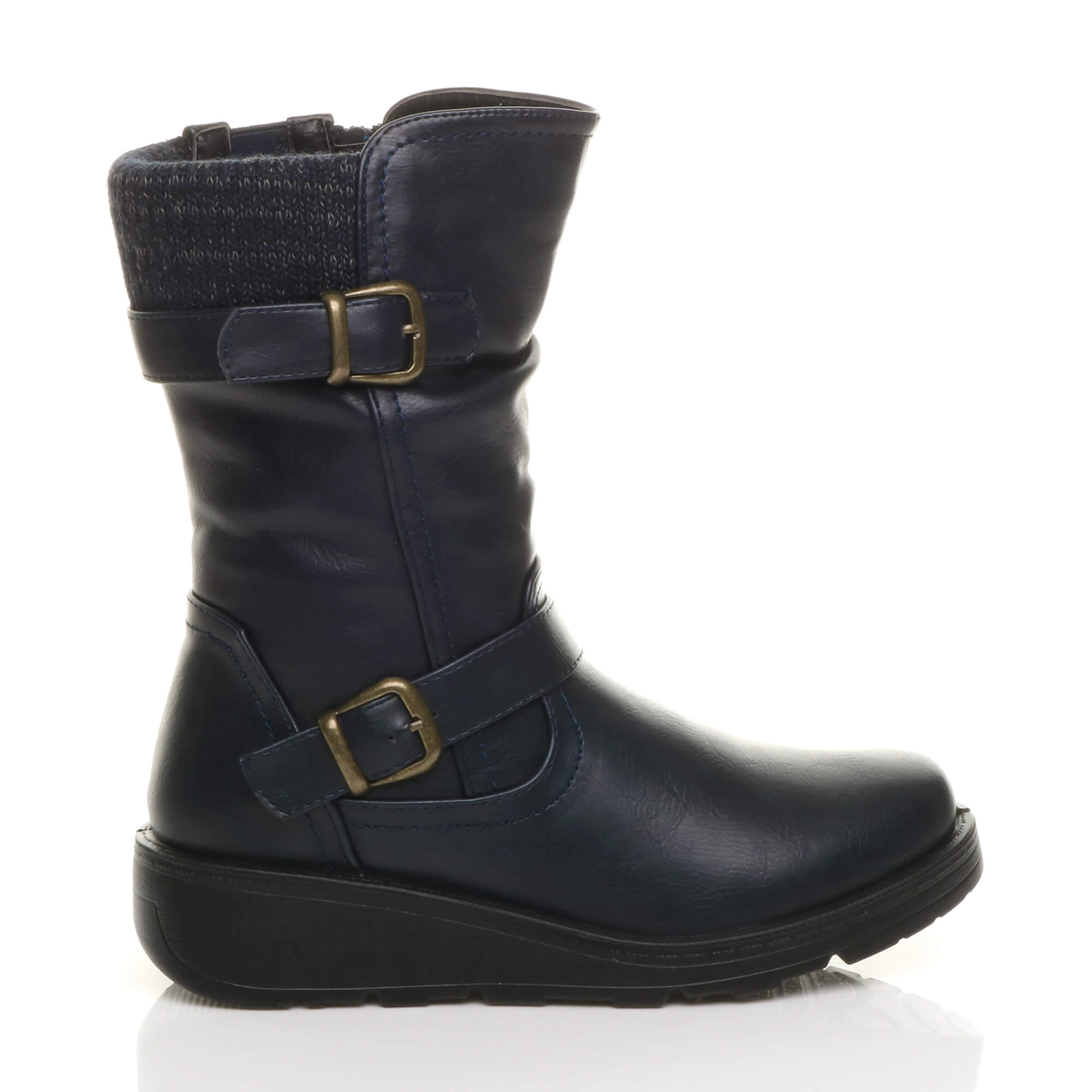 Navy Blue Low Wedge Heel Comfort Calf Biker Boots, Image 2 of 6