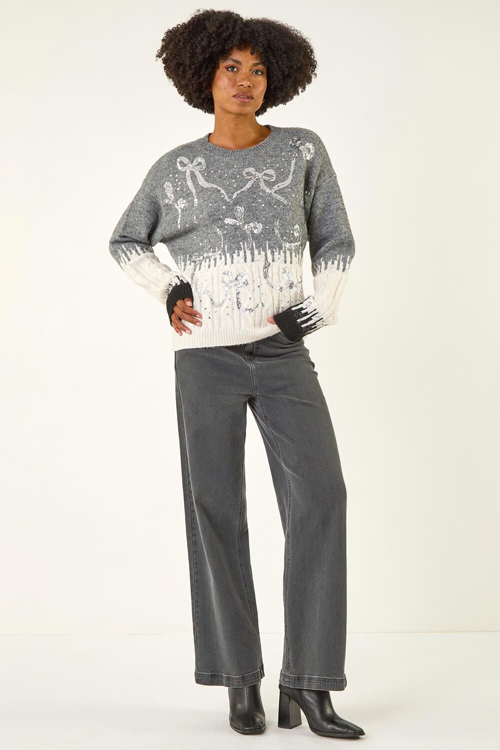 Grey Jacquard Bow Knit Jumper, Image 3 of 5