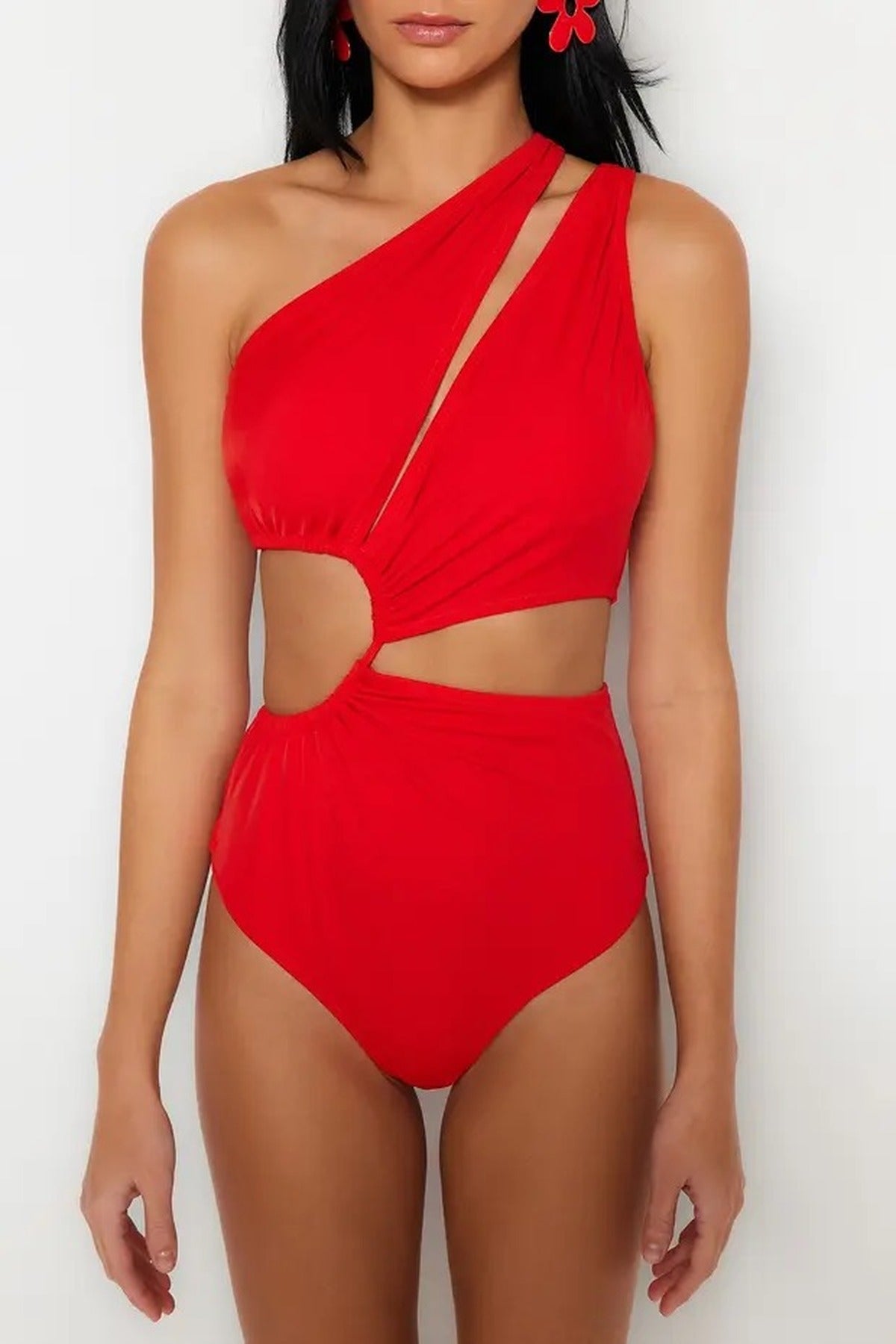 Red One Shoulder Cut Out Detail Swimsuit, Image 2 of 3