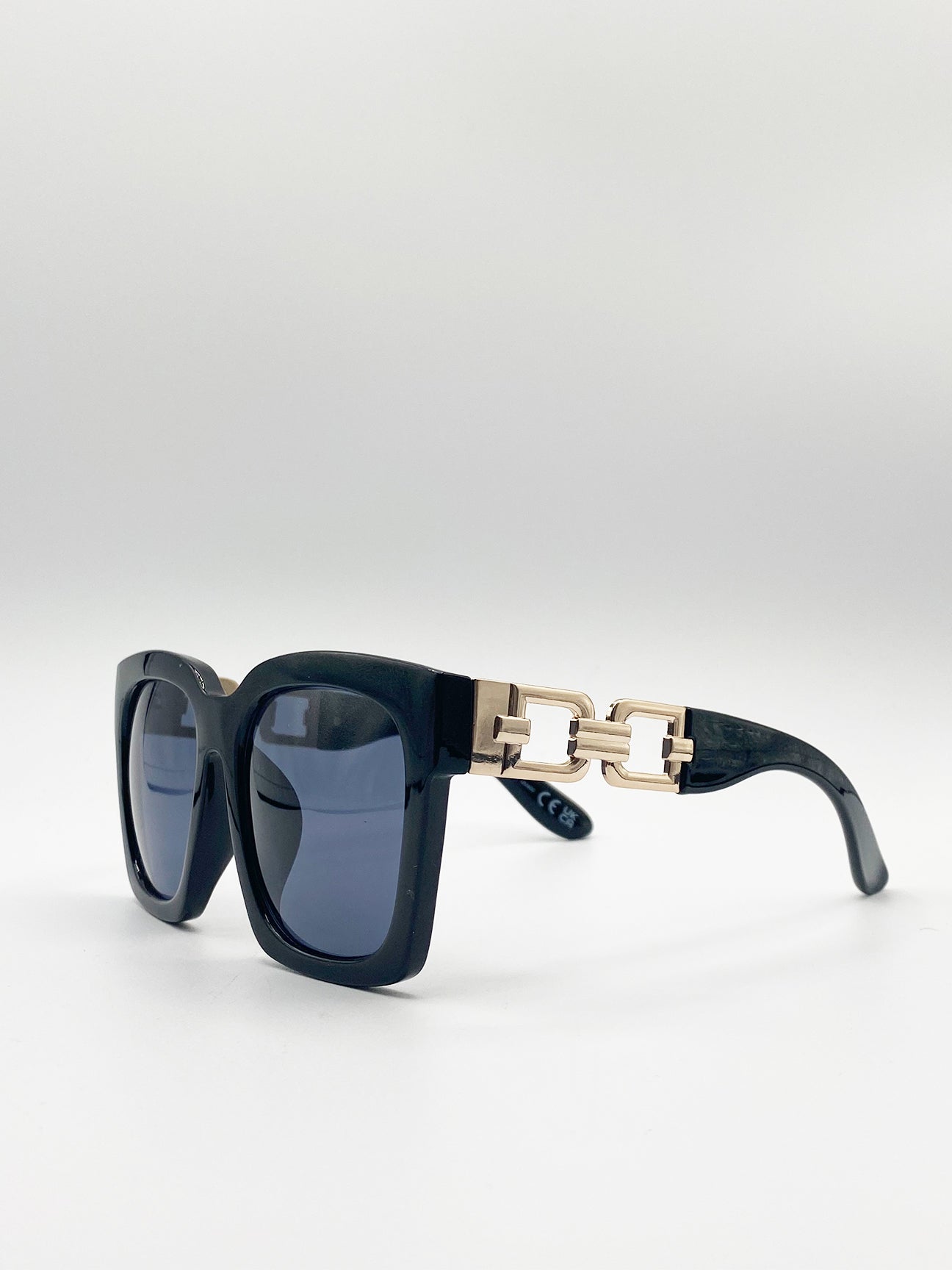 Black Oversized Sunglasses With Gold Chain Detail