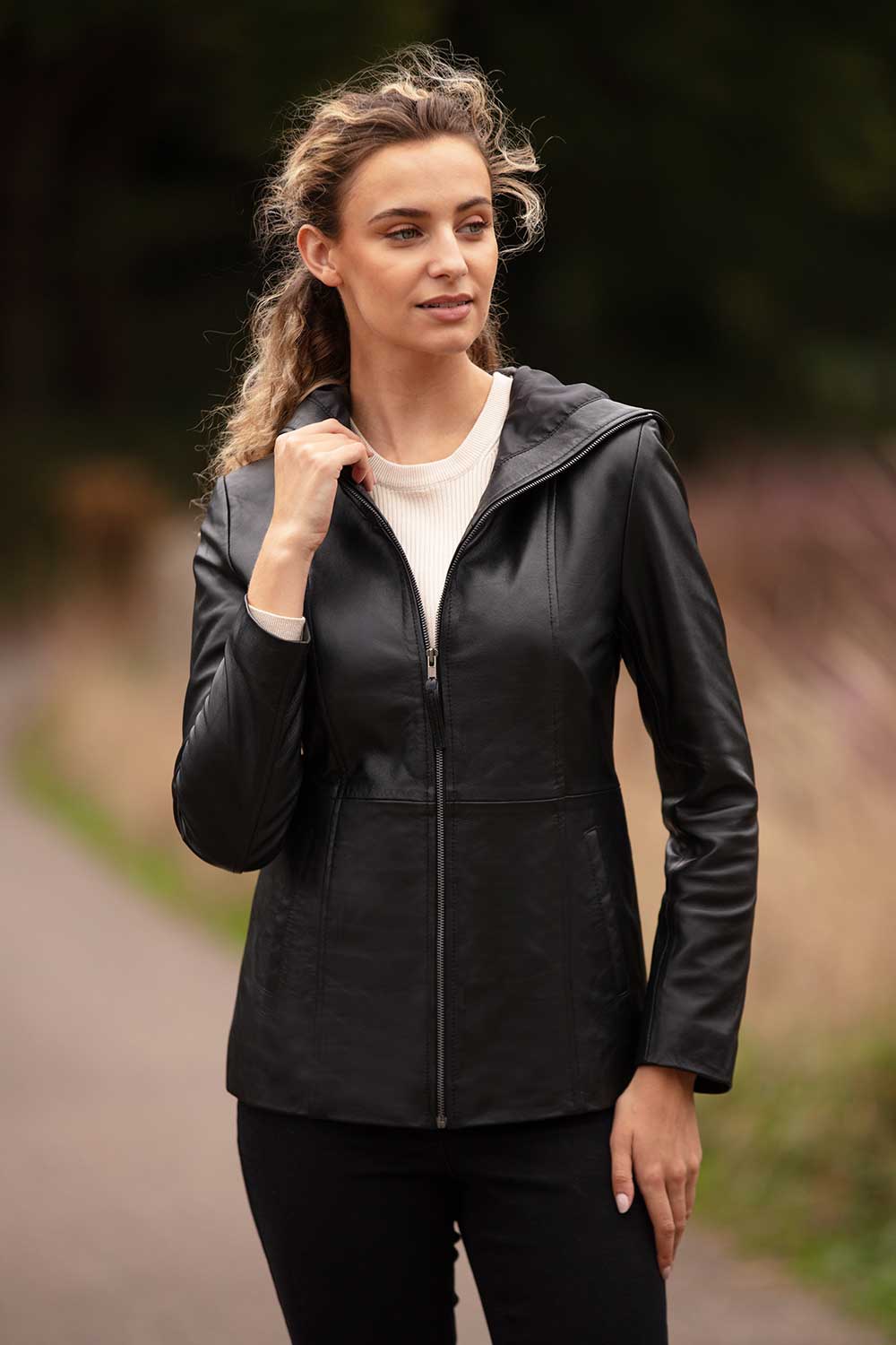 Black Real Leather Hooded Jacket With Fleece Lining