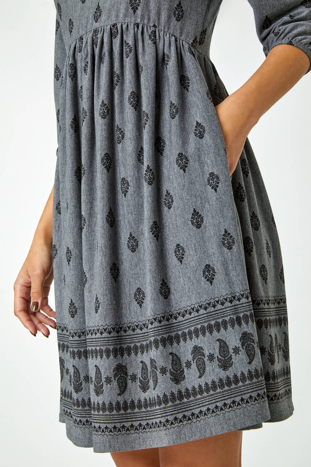 Grey Paisley Border Print Stretch Dress , Image 6 of 5