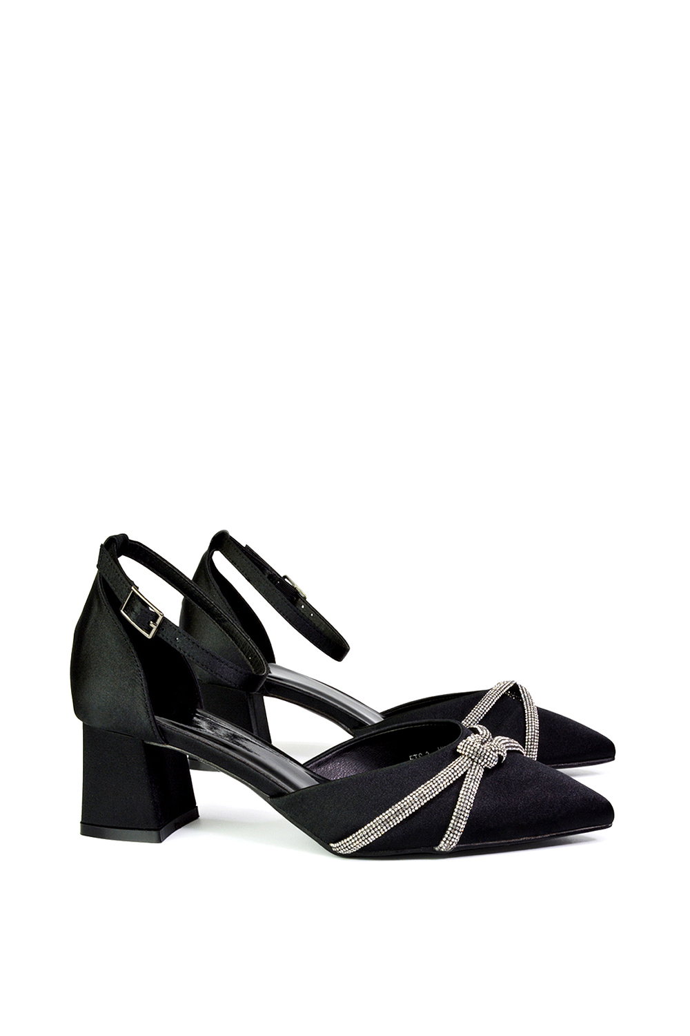 Black XY LONDON Black 'Sarah' Ankle Strap Pointed Toe Diamante Mid Block Heels, Image 2 of 5