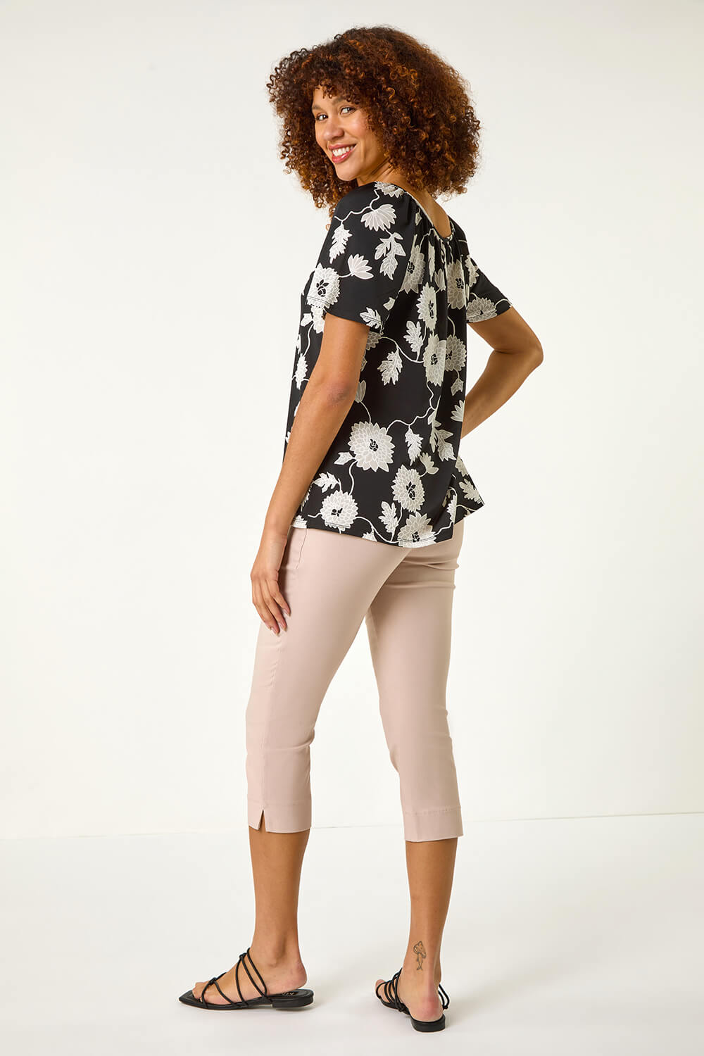 Black Textured Floral Print V-Neck Stretch Top, Image 4 of 5