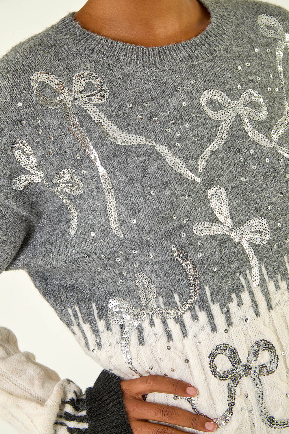 Grey Jacquard Bow Knit Jumper, Image 6 of 5