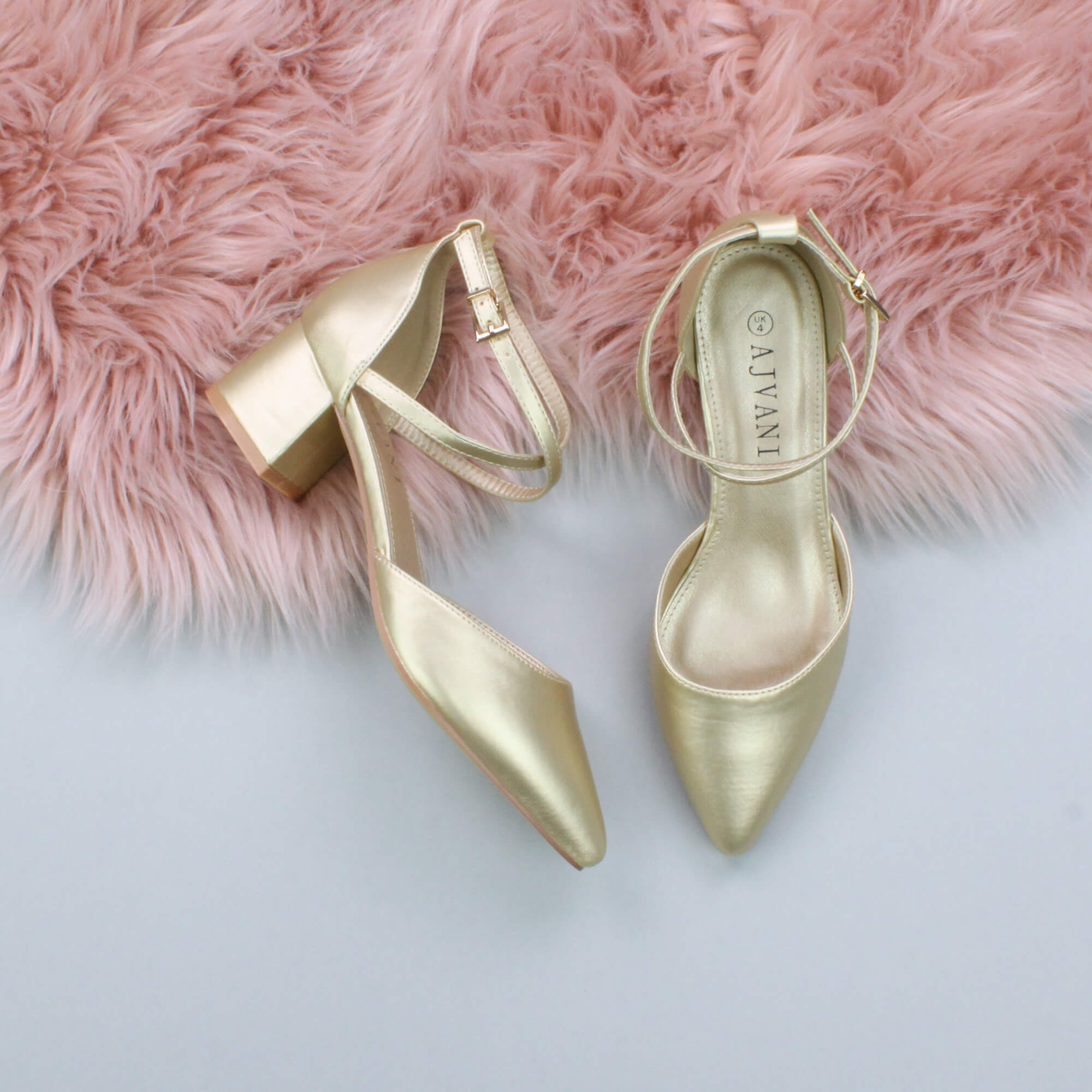 Gold AJVANI Gold Mid Block Heel Crossed Strap Pointed Toe 2 Part Heels, Image 4 of 6