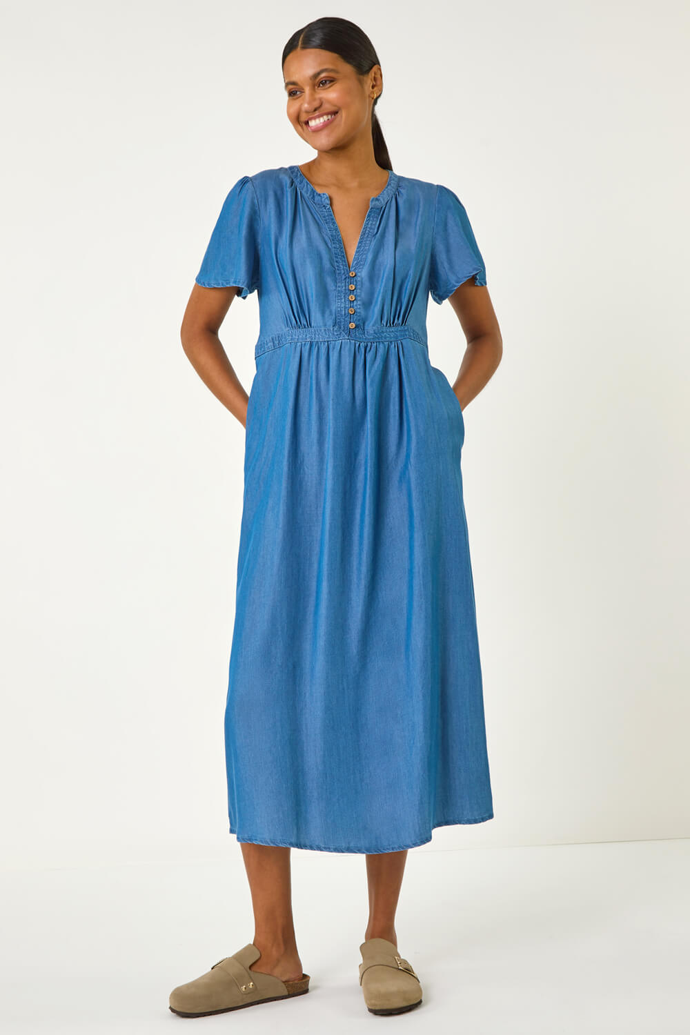 Denim V-Neck Midi Dress, Image 3 of 5