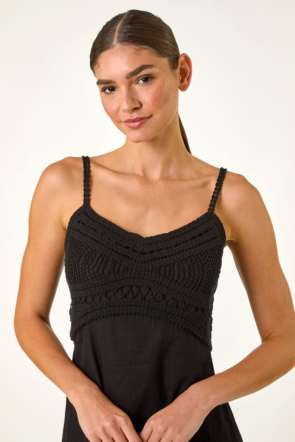 Black Lace Panel Strappy Midi Dress, Image 5 of 5