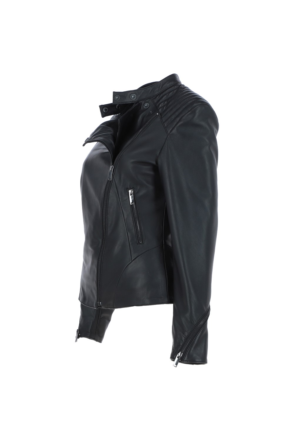 Black Veg Tanned Biker Jacket With Double Button Mandarin Collar, Image 3 of 4