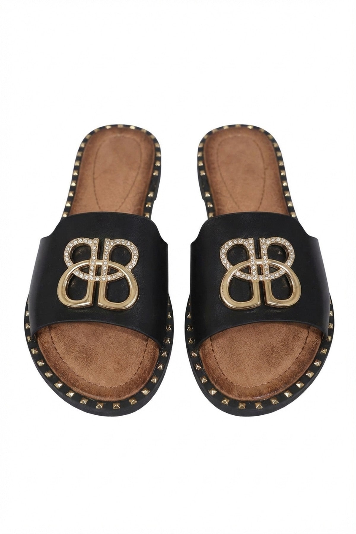 Black iKrush Black Abby Sparkle Buckle Gold Studded Flat Sandals, Image 3 of 8
